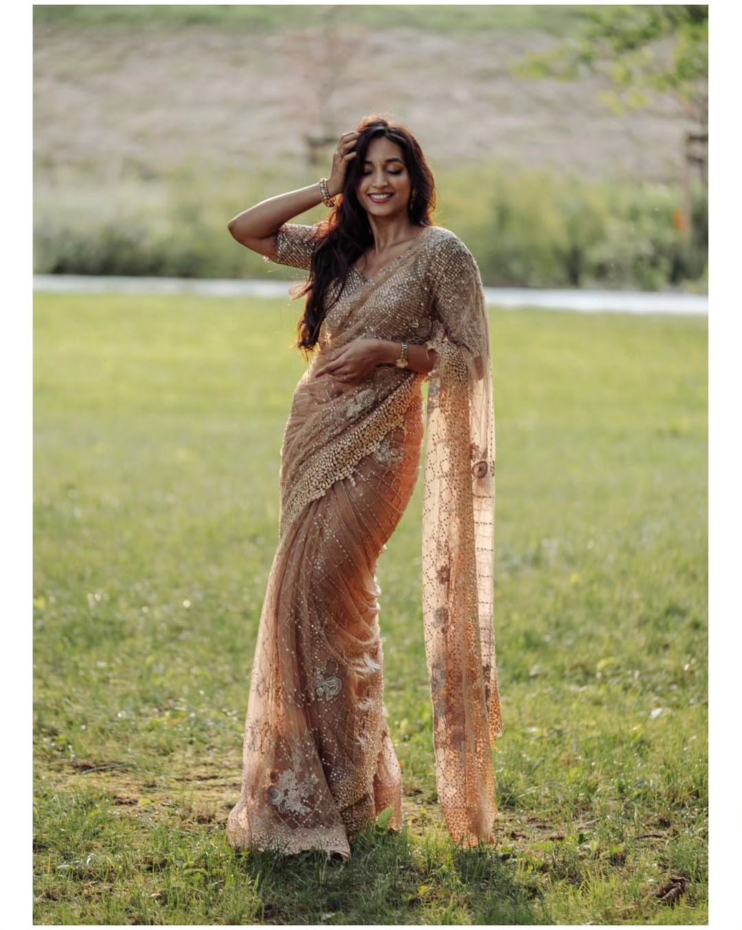 Net Festive in Beige and Brown with Resham work Mesmerizing Saree