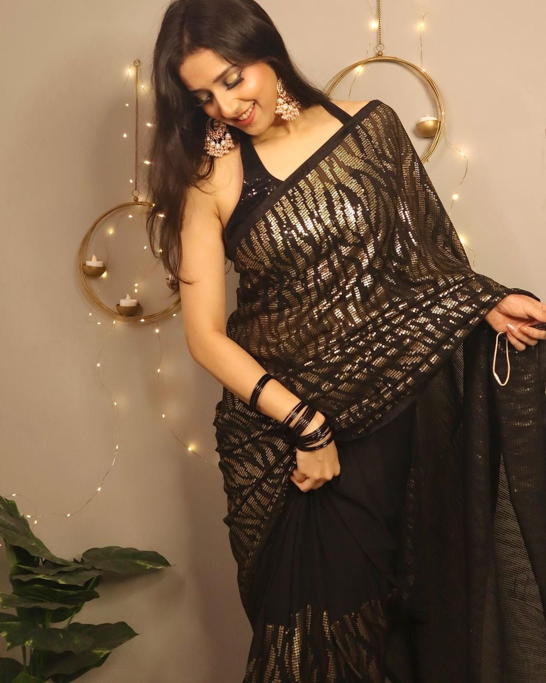 ready to wear saree inspired Black and gold-toned sequence Embroidery work saree-Bridesmaid 1 min Georgette saree with partywear sari