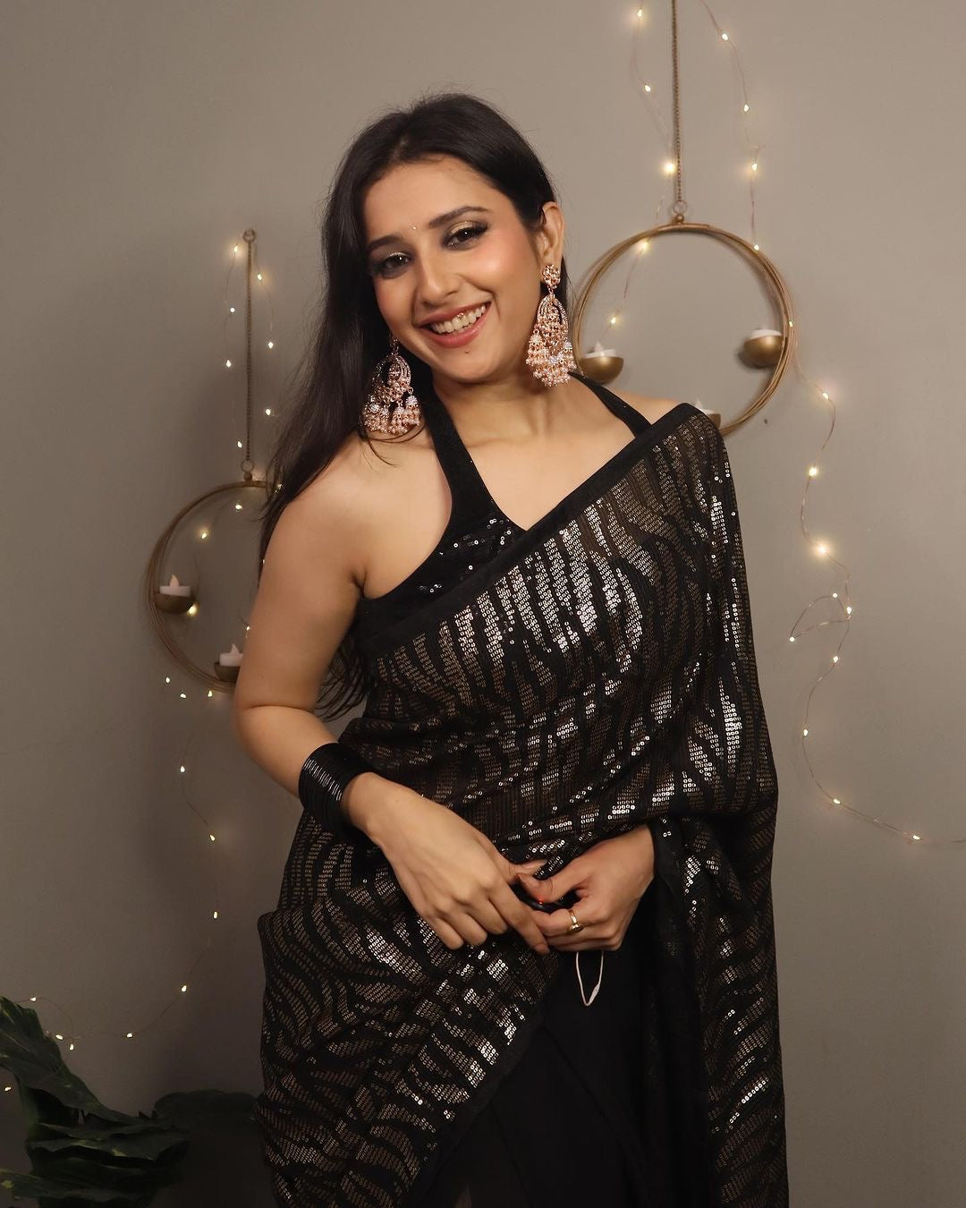 ready to wear saree inspired Black and gold-toned sequence Embroidery work saree-Bridesmaid 1 min Georgette saree with partywear sari