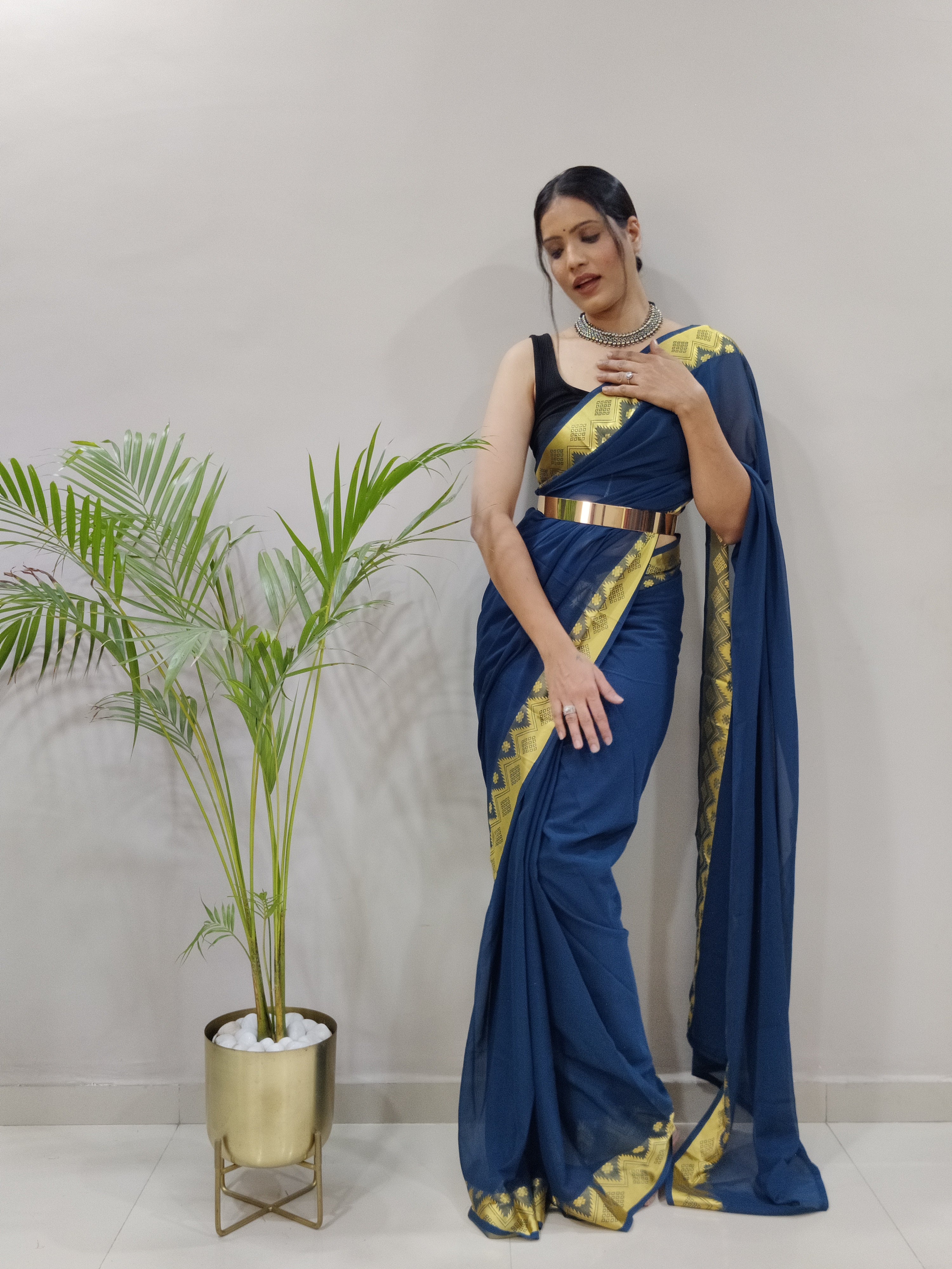 Georgette Ready To Wear Pre Pleated One Minute Saree With Jacquard Boarder (1 Min Saree)