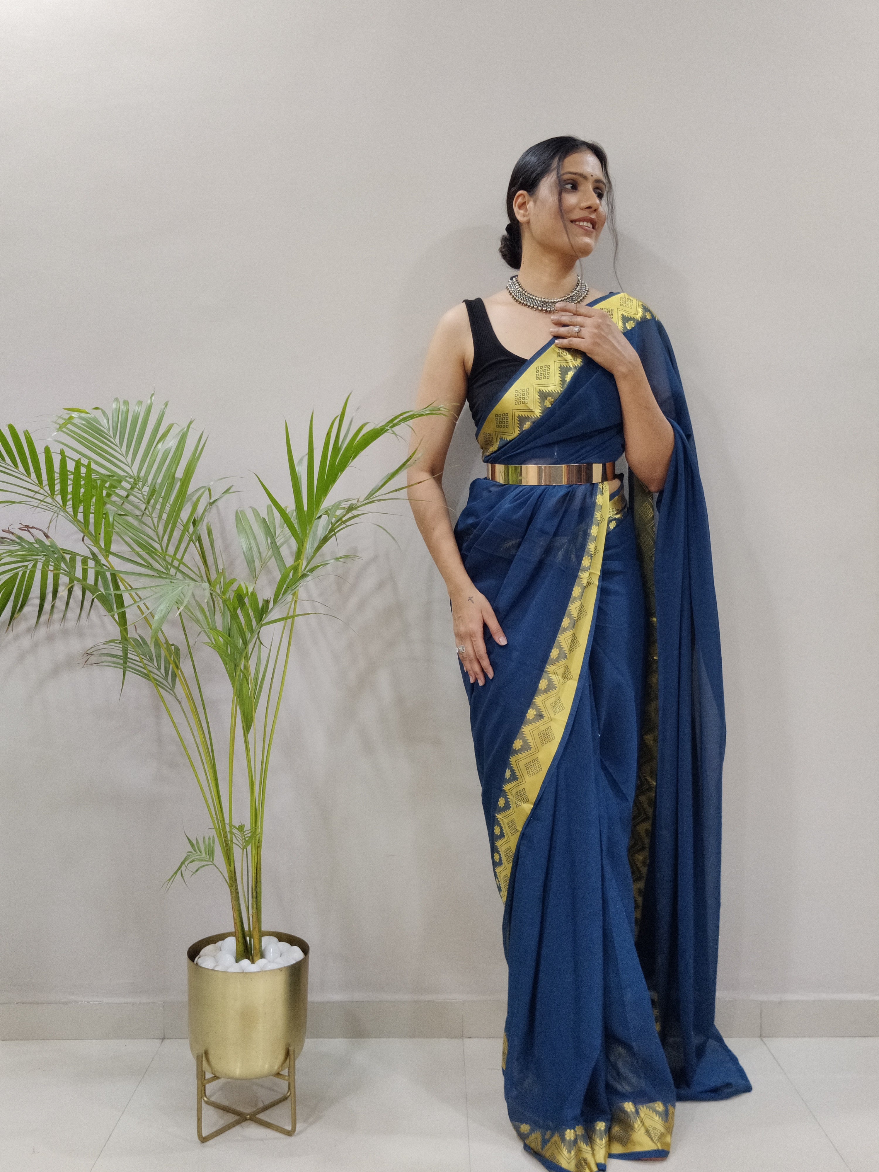 Georgette Ready To Wear Pre Pleated One Minute Saree With Jacquard Boarder (1 Min Saree)