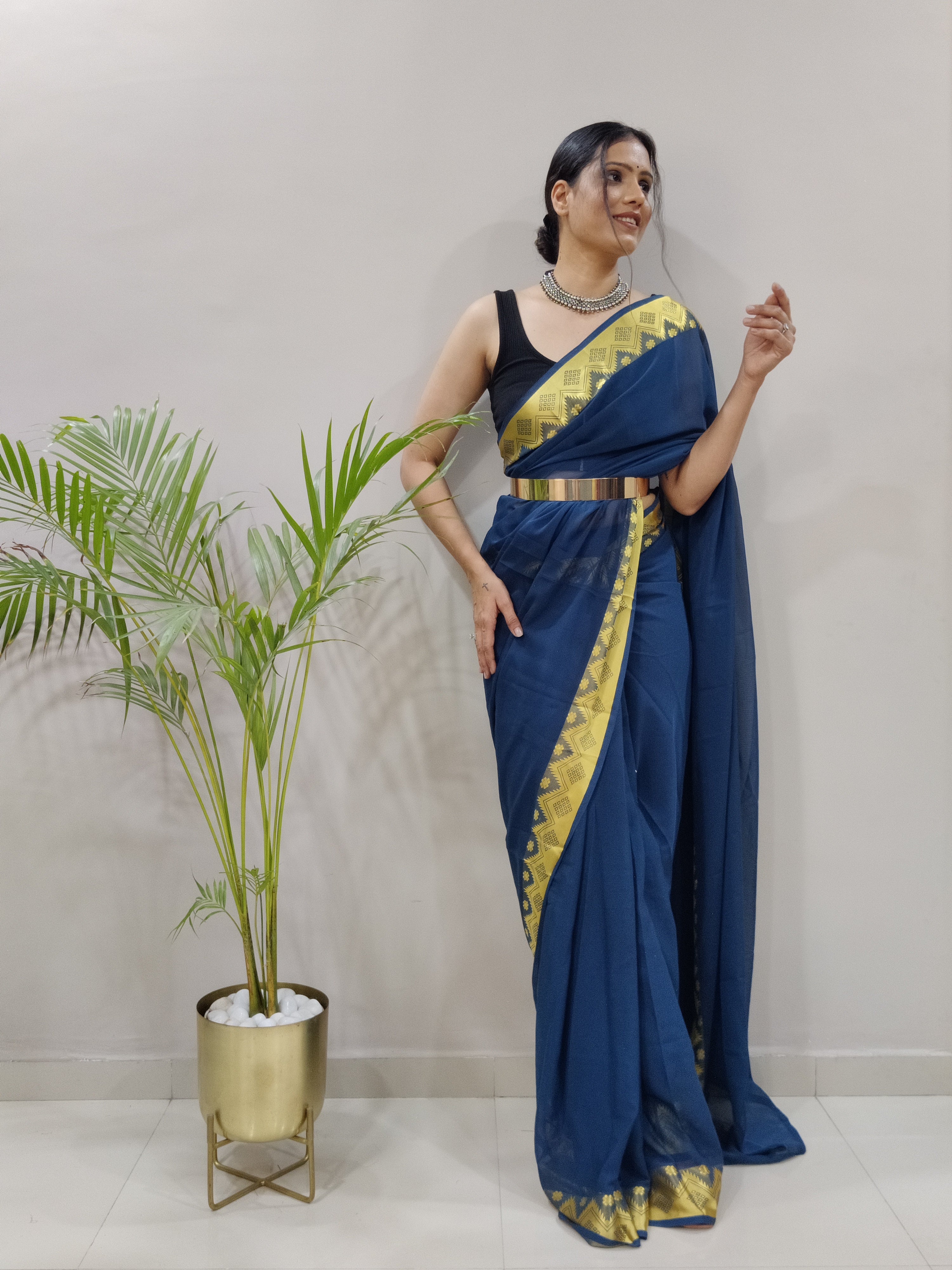 Georgette Ready To Wear Pre Pleated One Minute Saree With Jacquard Boarder (1 Min Saree)