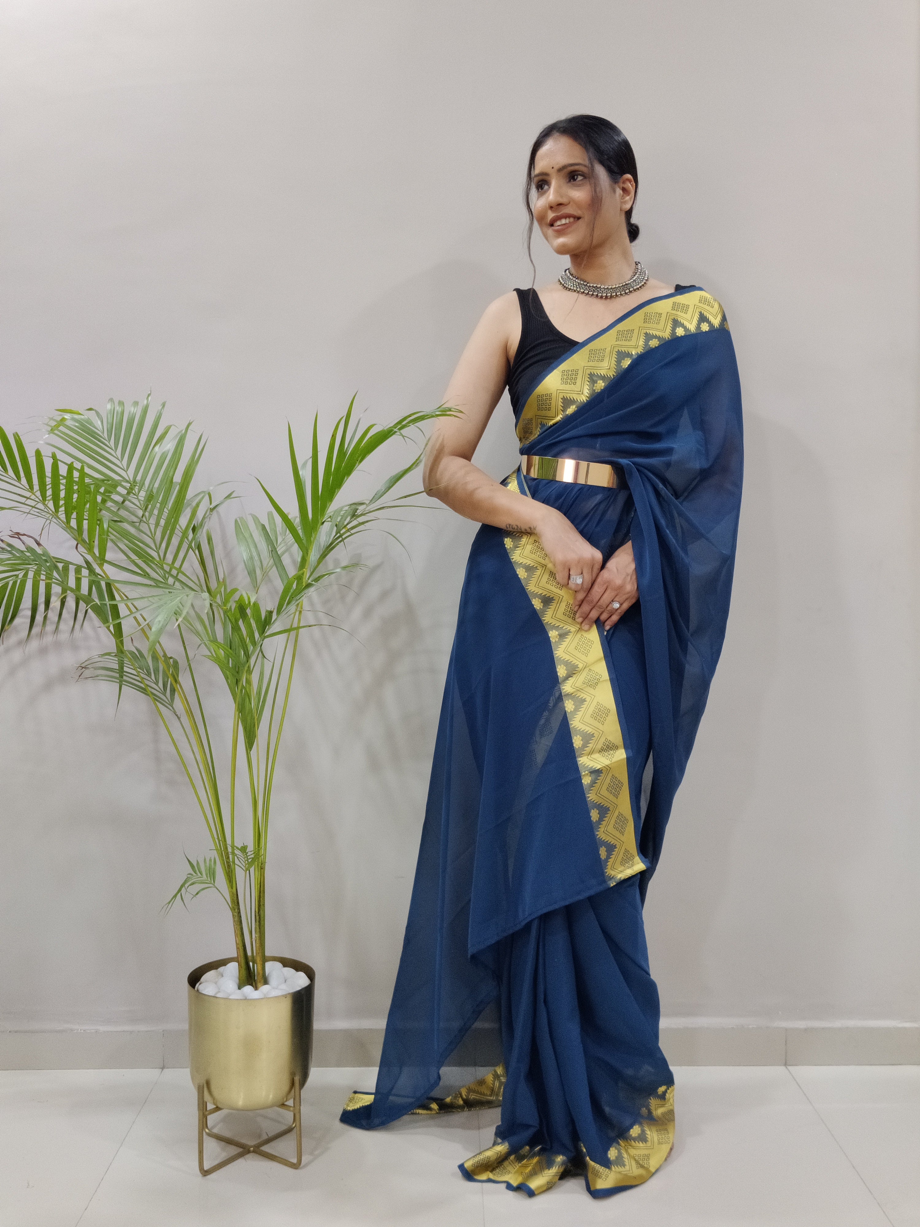 Georgette Ready To Wear Pre Pleated One Minute Saree With Jacquard Boarder (1 Min Saree)