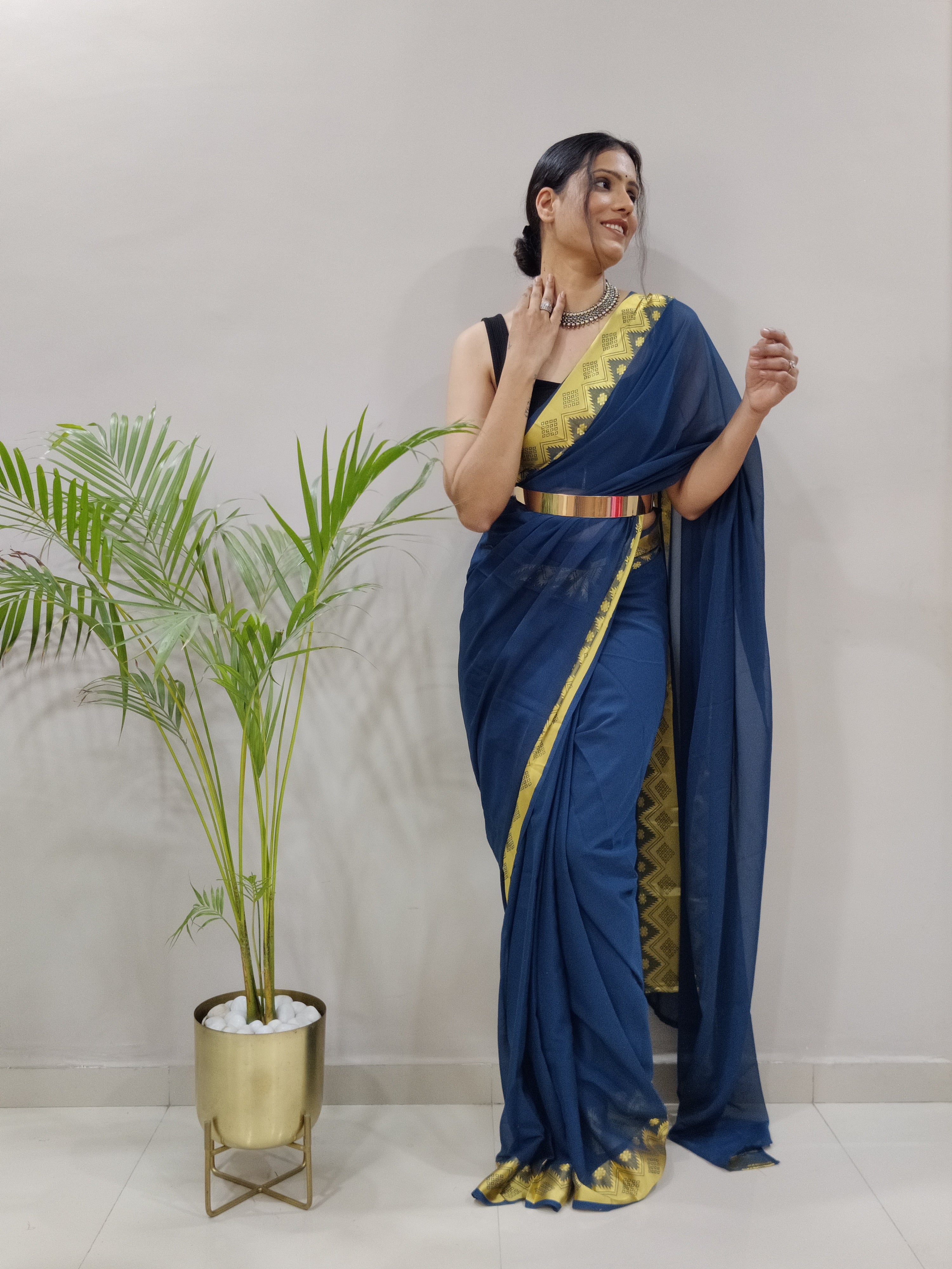 Georgette Ready To Wear Pre Pleated One Minute Saree With Jacquard Boarder (1 Min Saree)