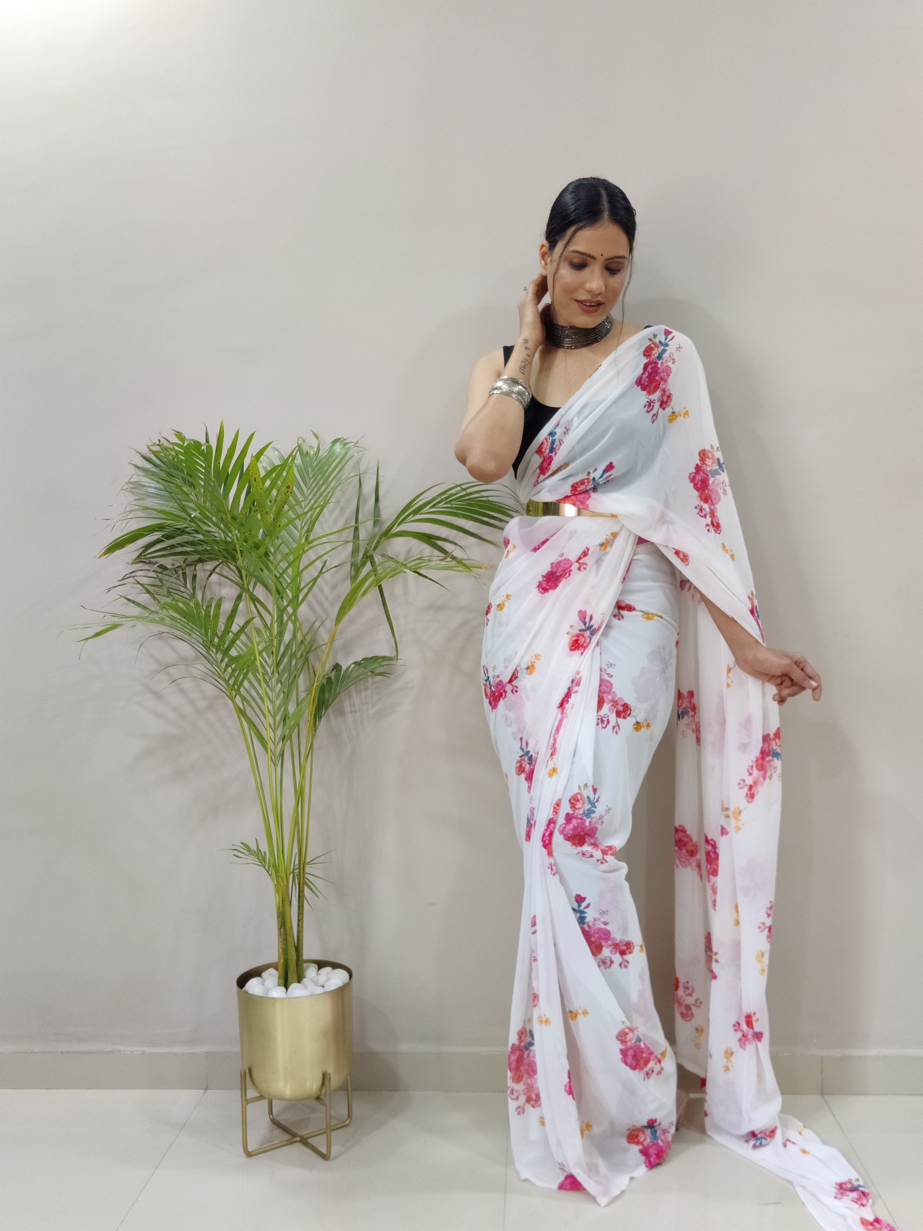 Rose Printed Ready To Wear Georgette Saree with Floral Design and Unstitched Blouse