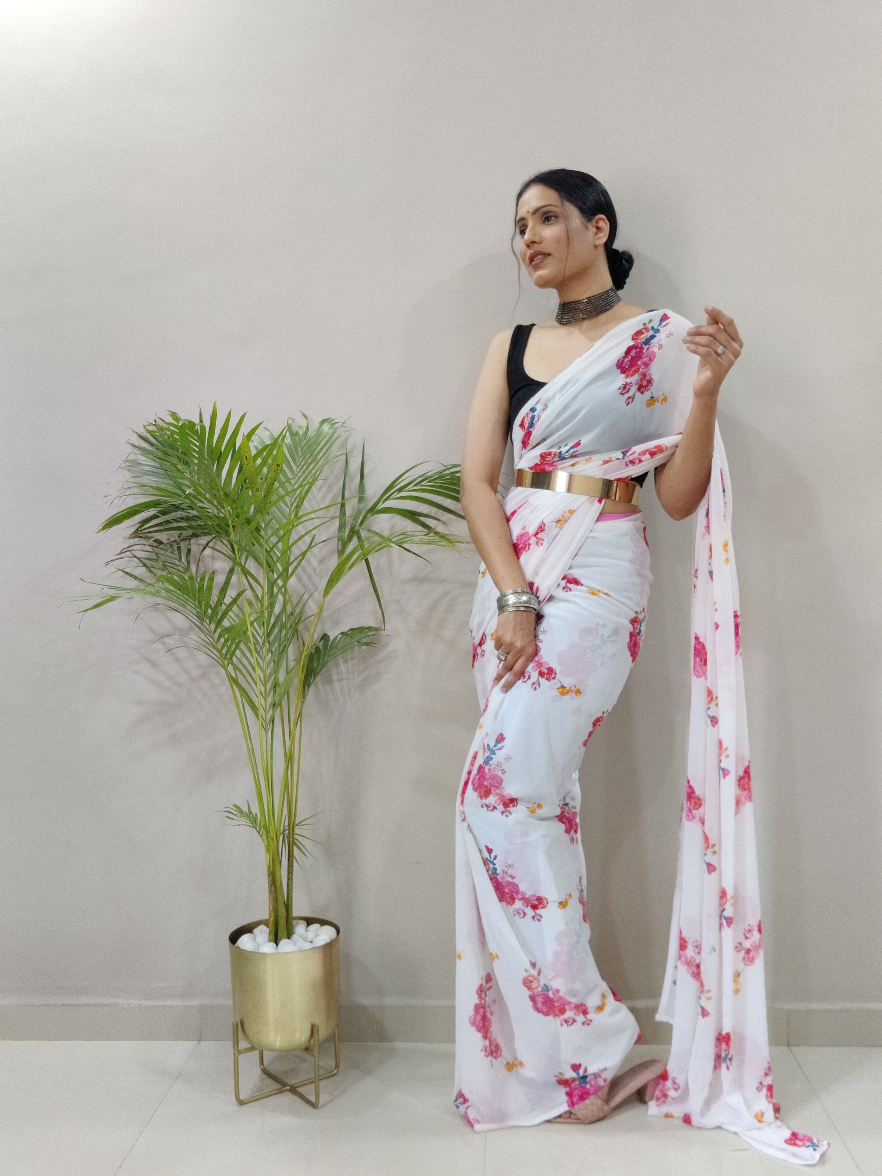 Rose Printed Ready To Wear Georgette Saree with Floral Design and Unstitched Blouse
