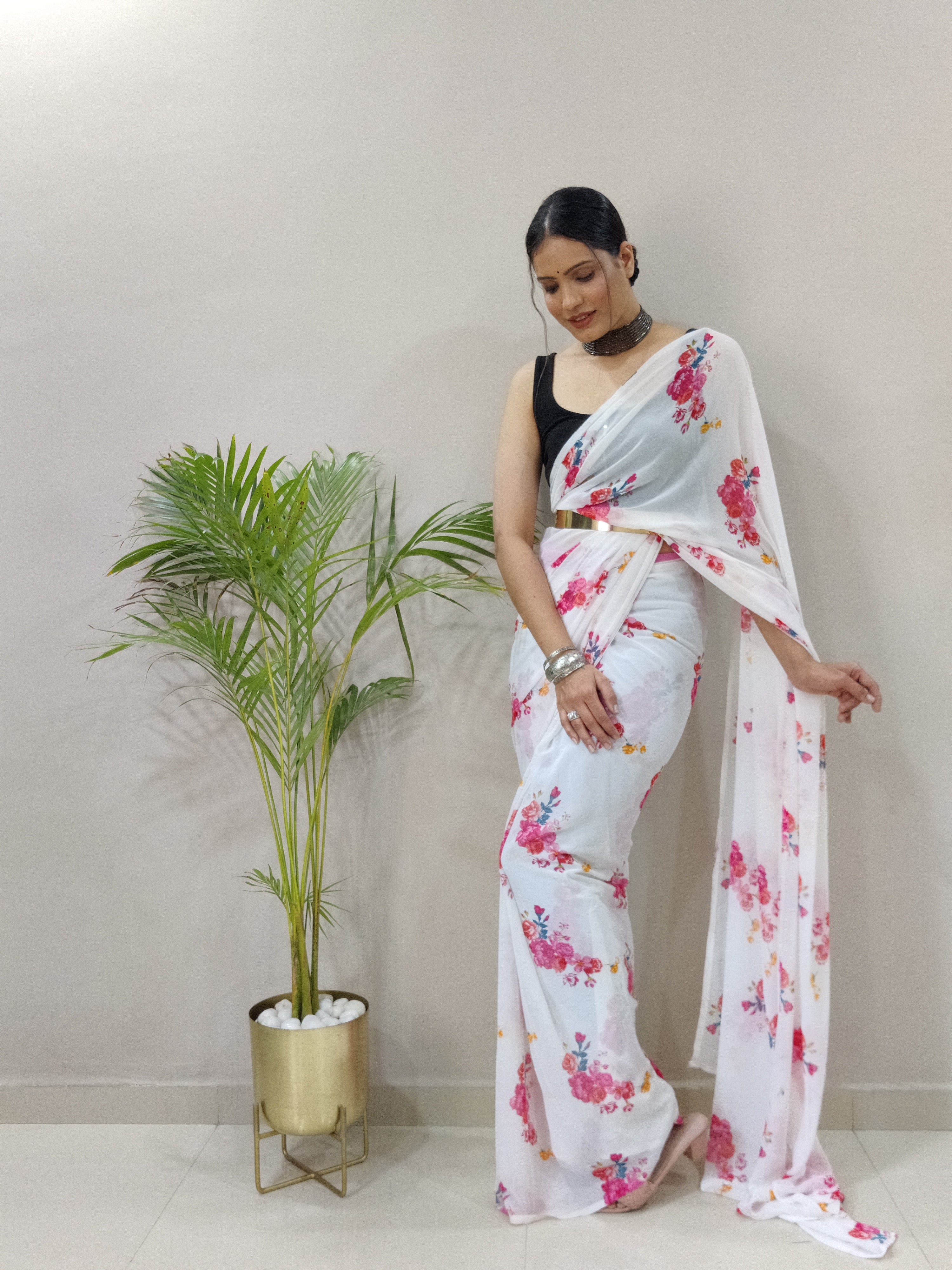 Rose Printed Ready To Wear Georgette Saree with Floral Design and Unstitched Blouse