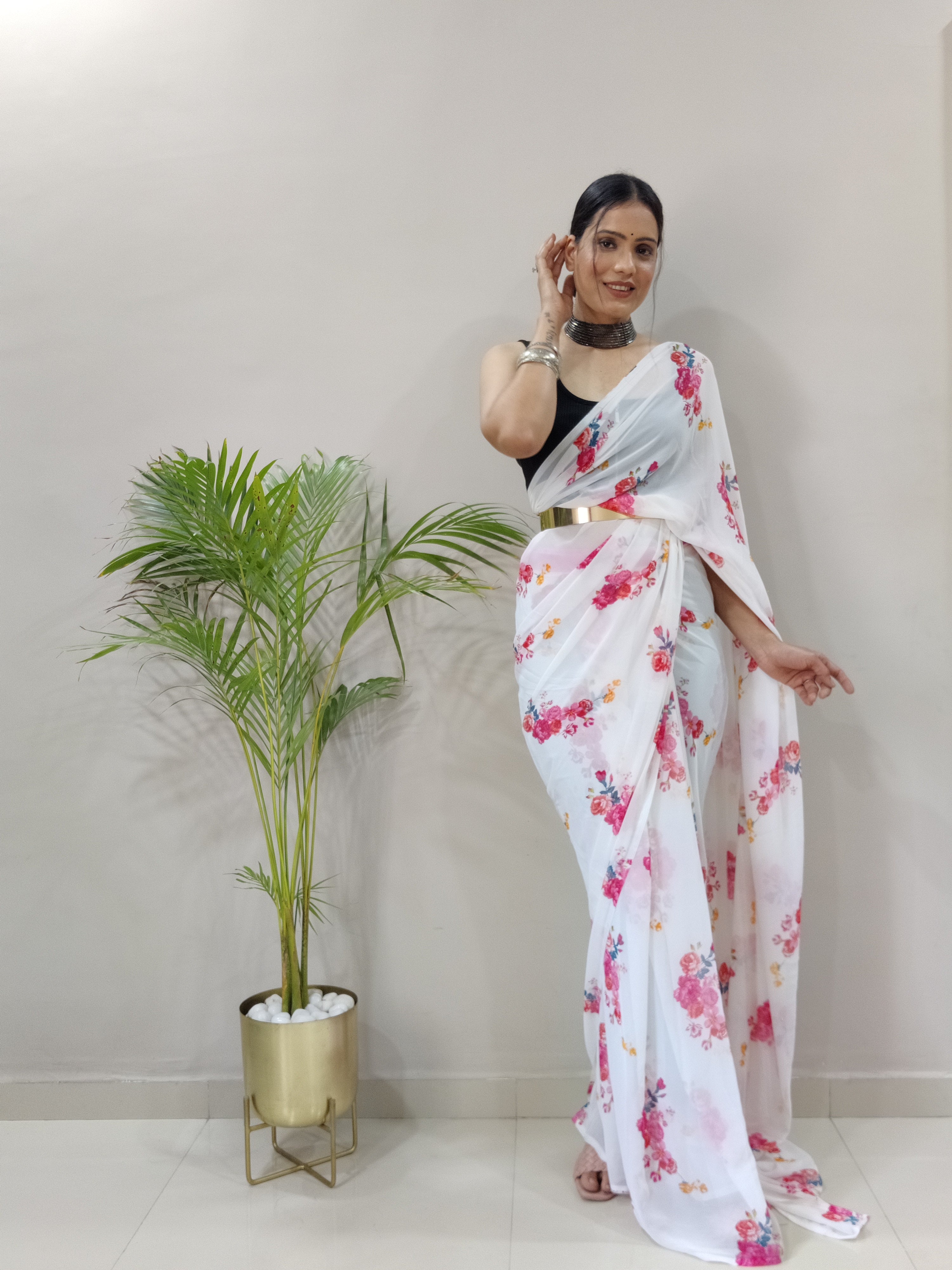 Rose Printed Ready To Wear Georgette Saree with Floral Design and Unstitched Blouse