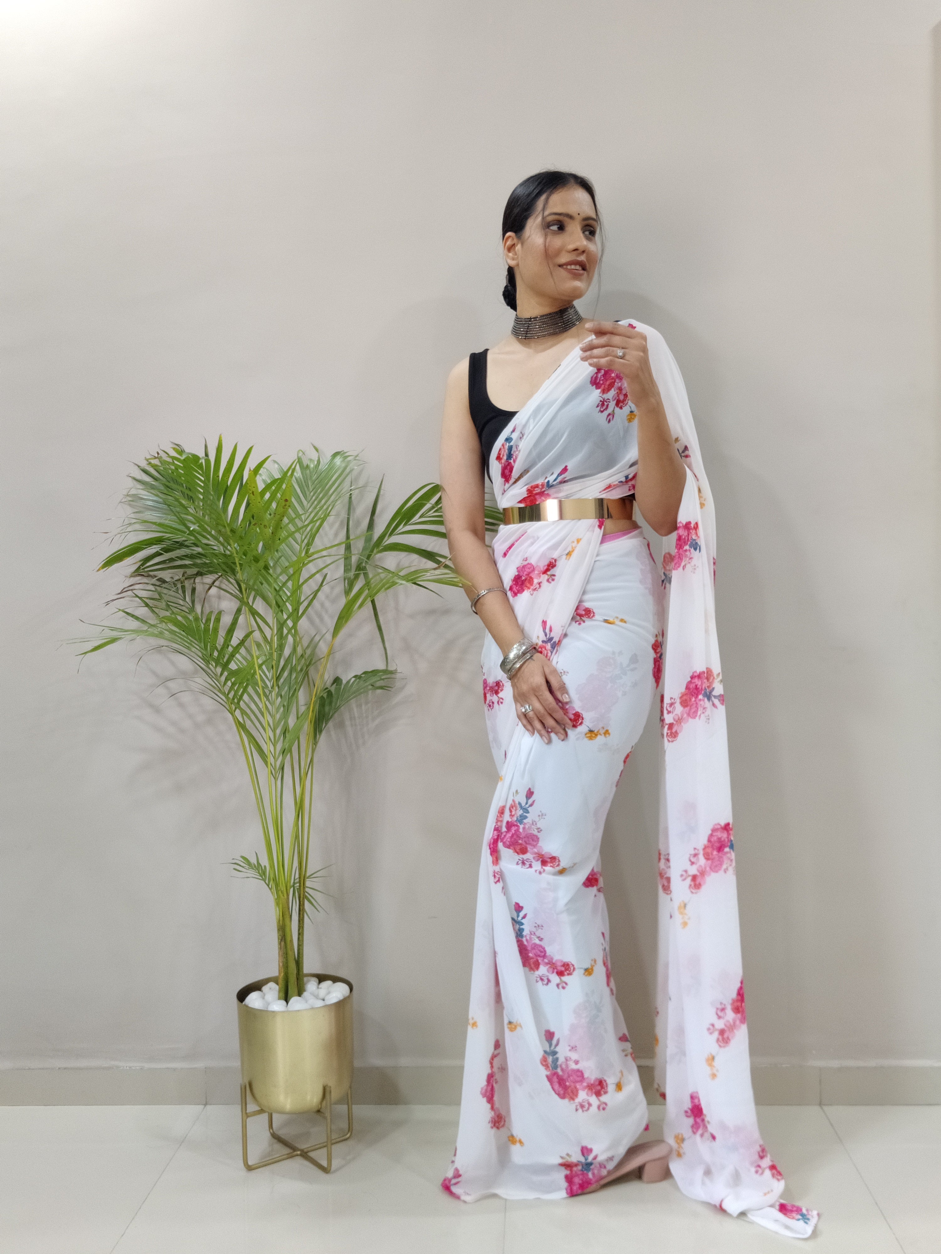 Rose Printed Ready To Wear Georgette Saree with Floral Design and Unstitched Blouse