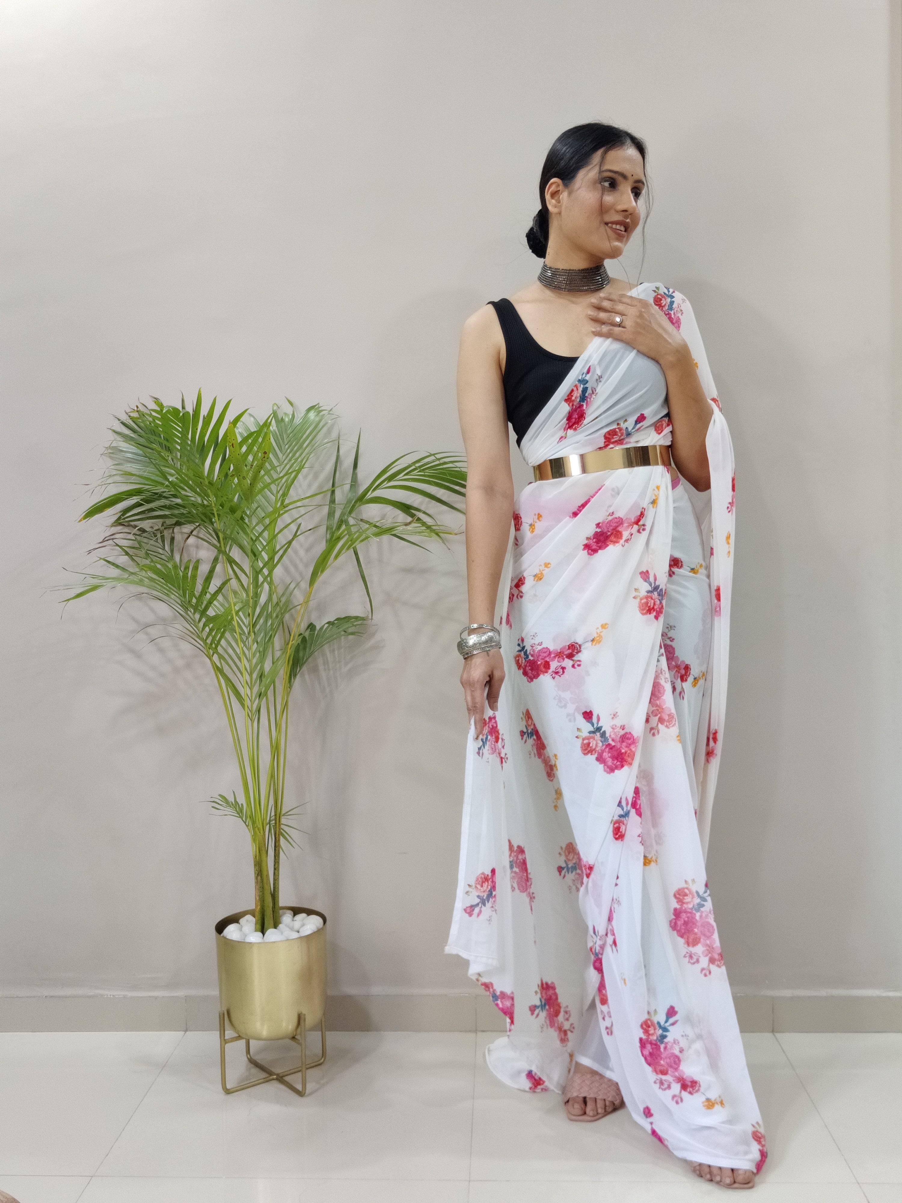 Rose Printed Ready To Wear Georgette Saree with Floral Design and Unstitched Blouse