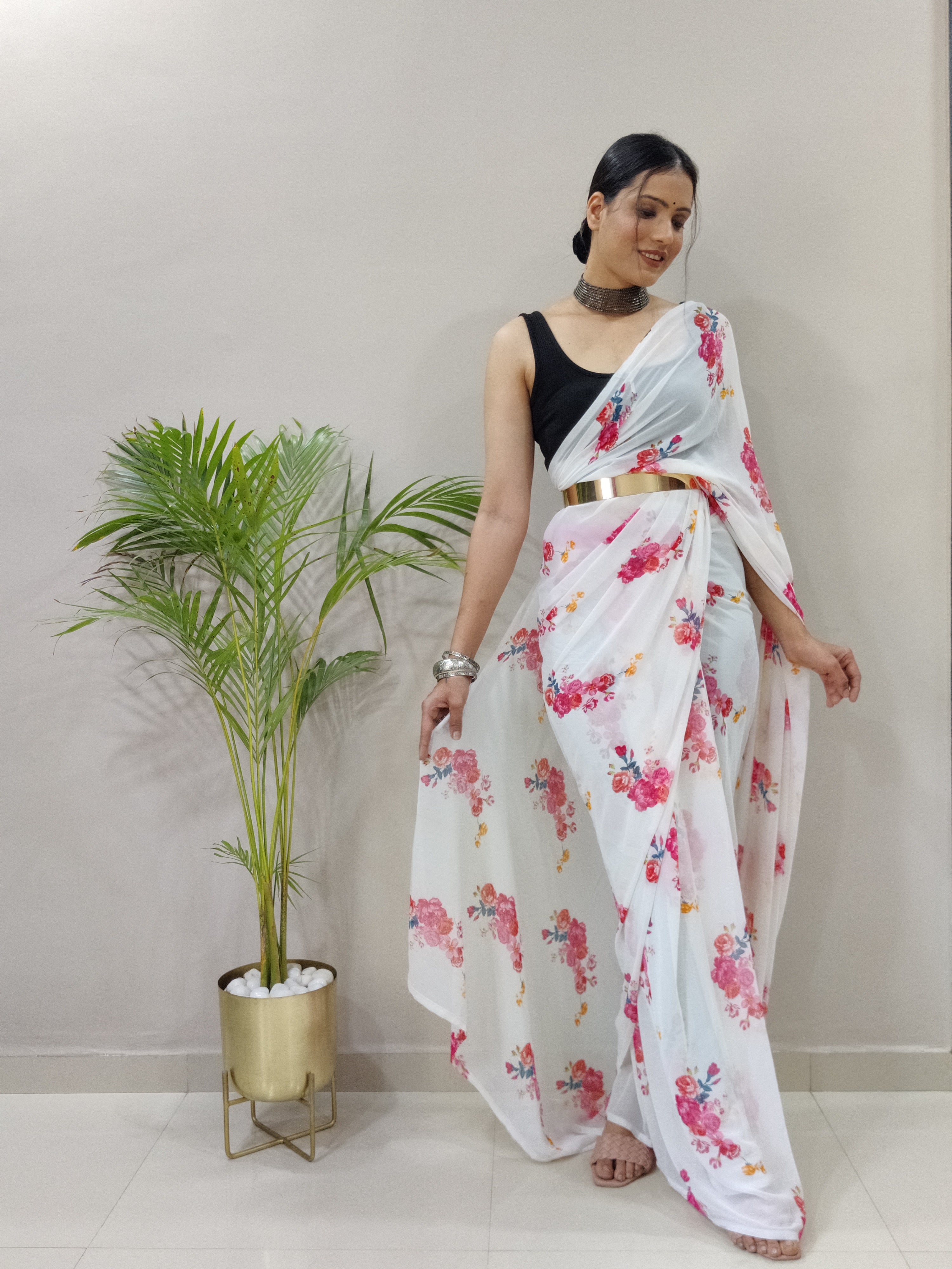 Rose Printed Ready To Wear Georgette Saree with Floral Design and Unstitched Blouse