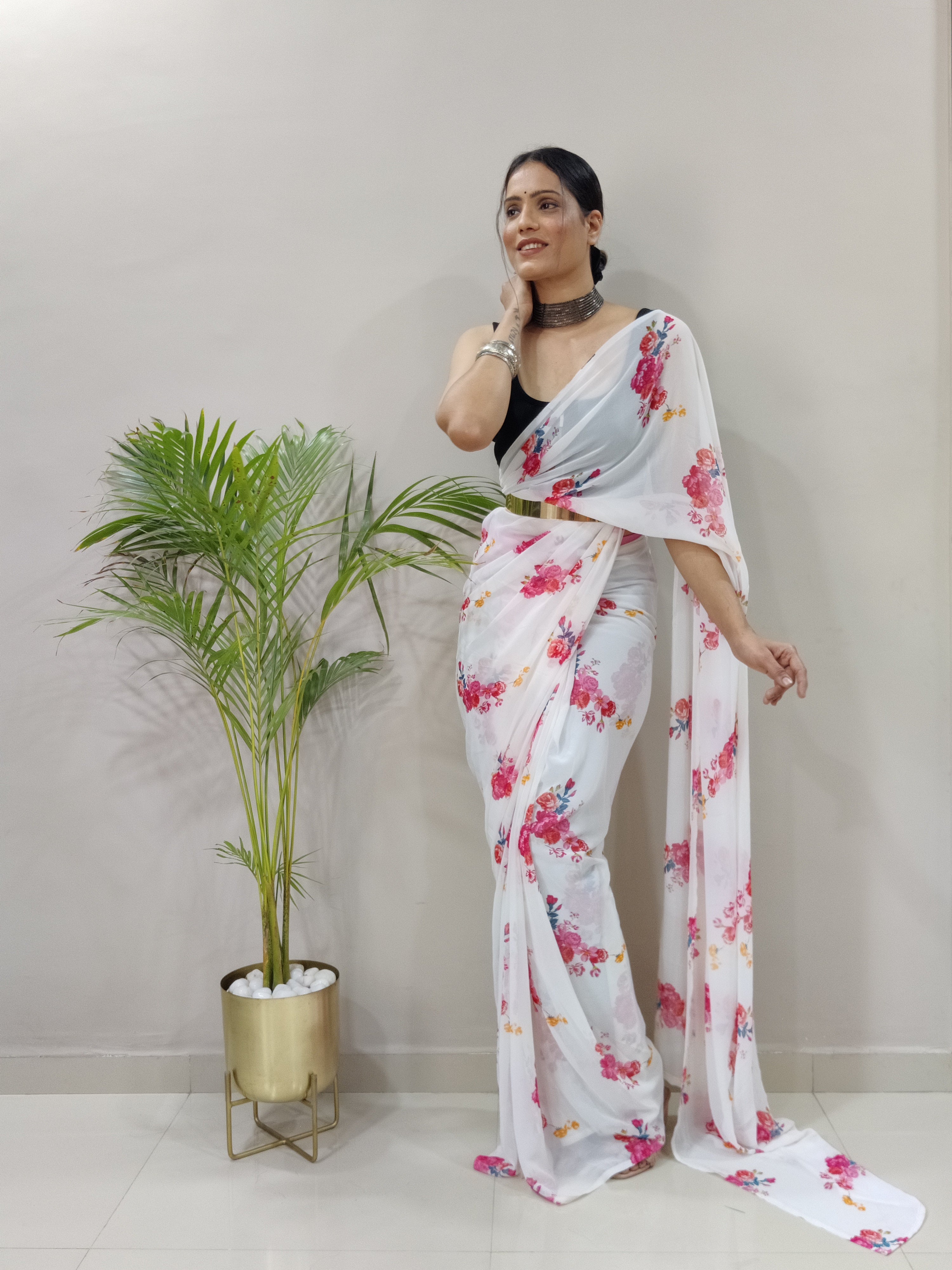 Rose Printed Ready To Wear Georgette Saree with Floral Design and Unstitched Blouse