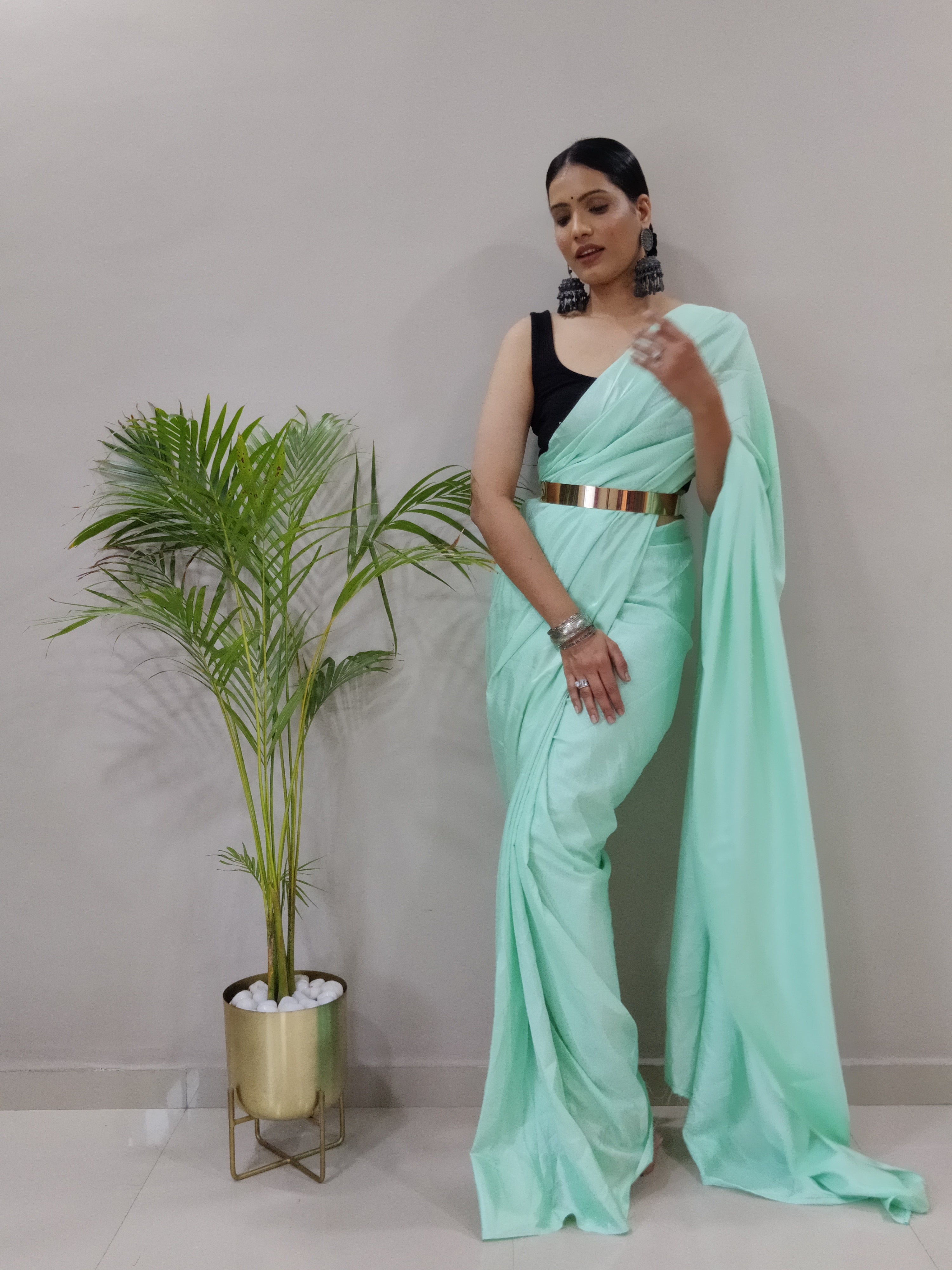 Sanghosha -MINT GREEN- bollywood style Blooming silk ready to wear Saree