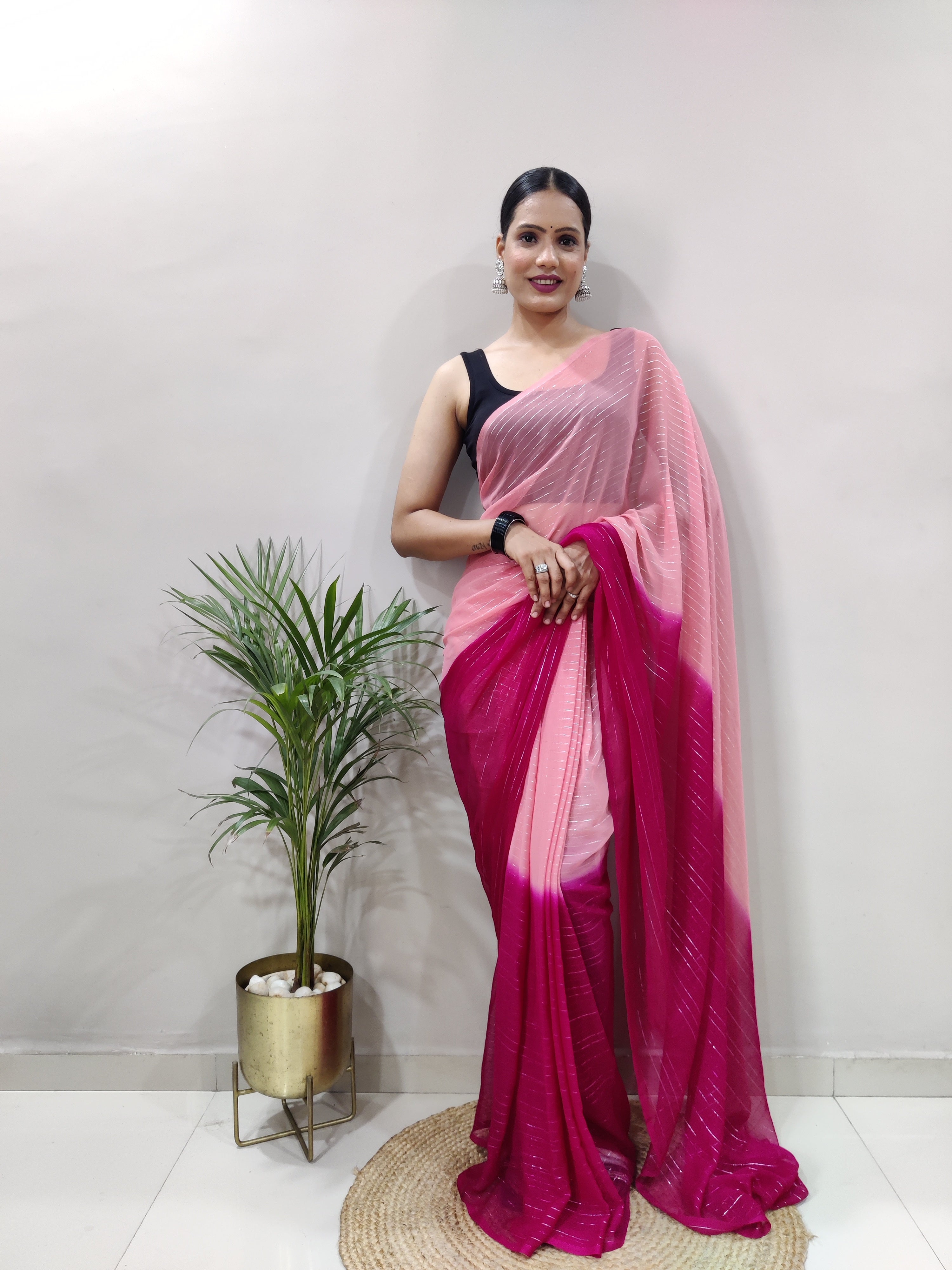 Pink Dual Color Ready to Wear Sanghosha Silk Saree With Blouse