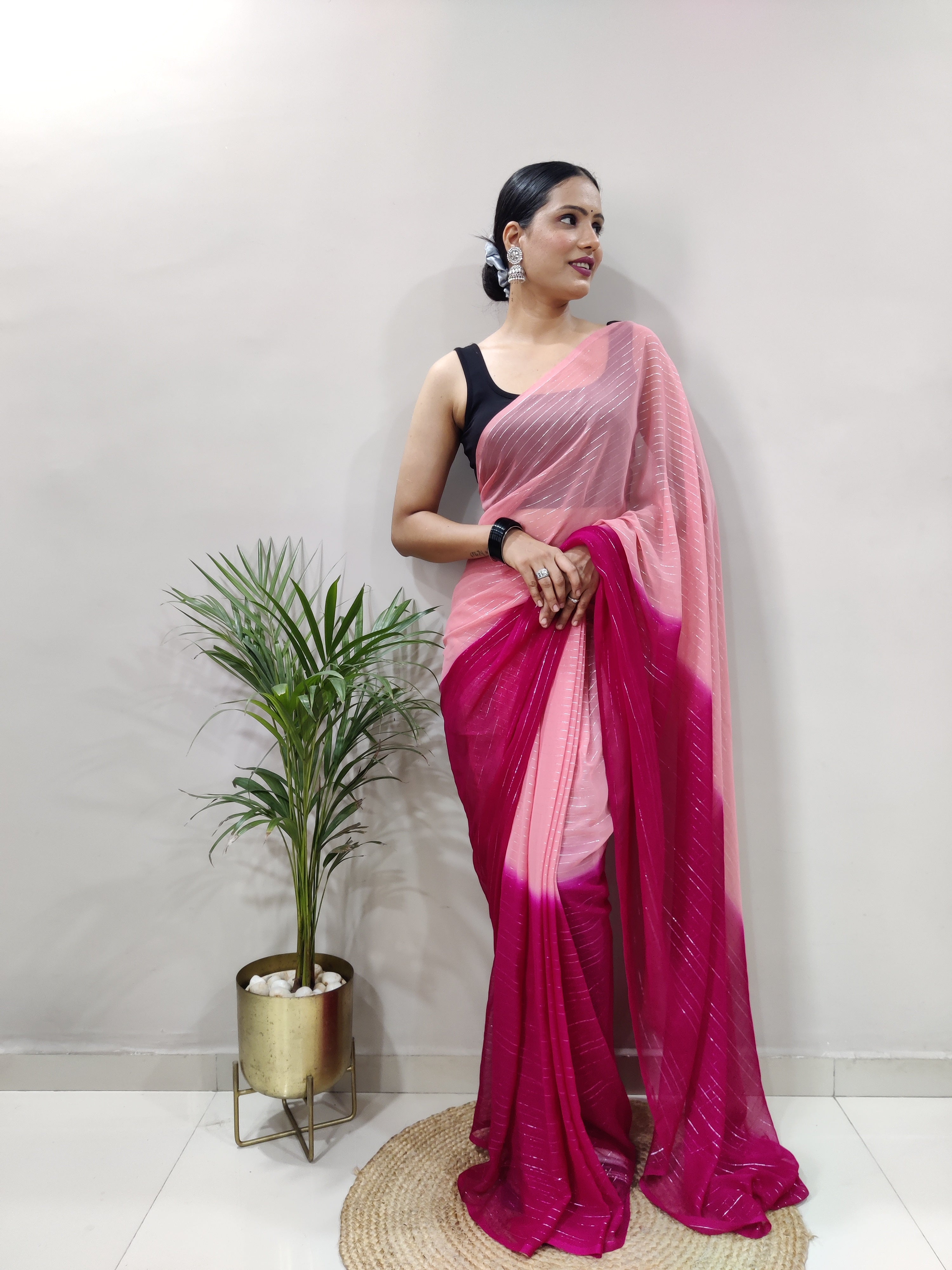 Pink Dual Color Ready to Wear Sanghosha Silk Saree With Blouse