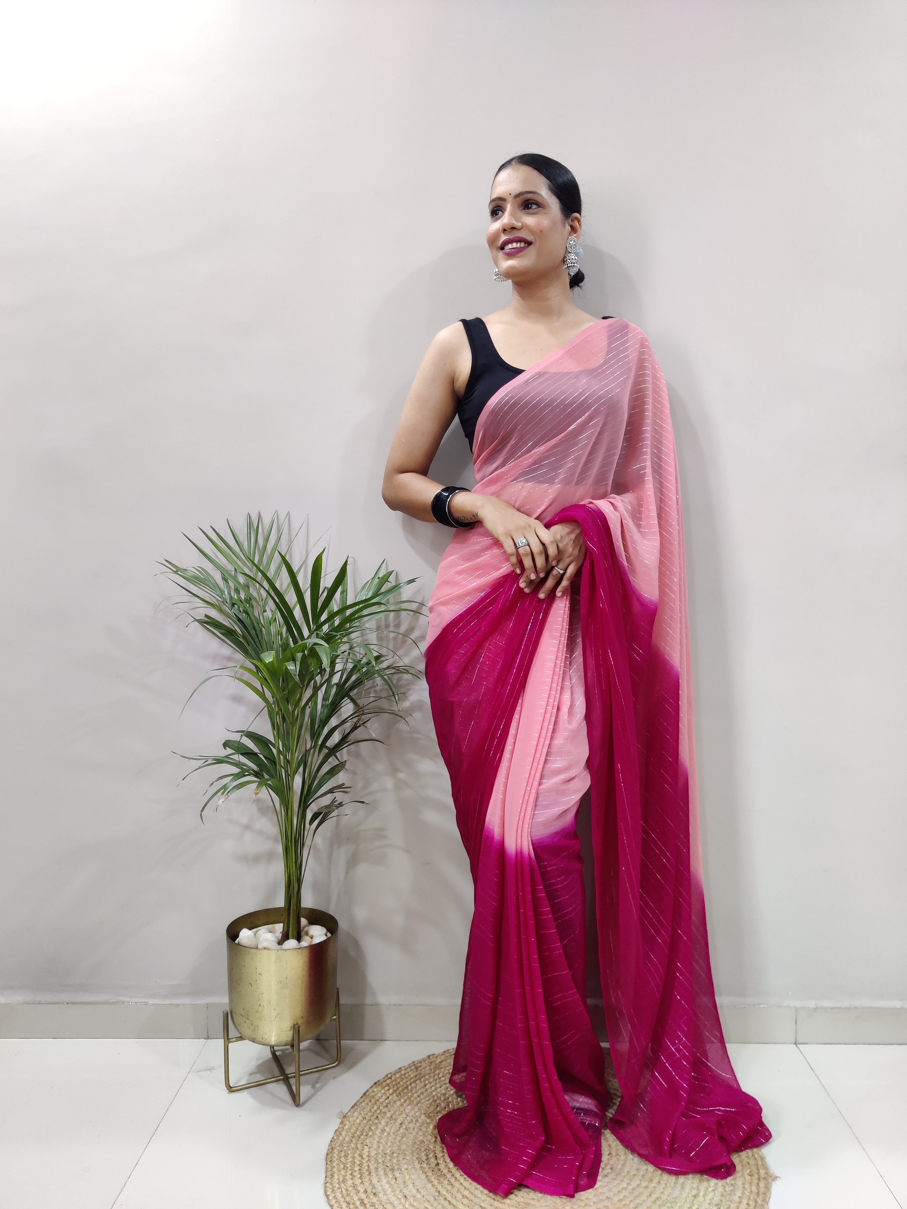 Pink Dual Color Ready to Wear Sanghosha Silk Saree With Blouse