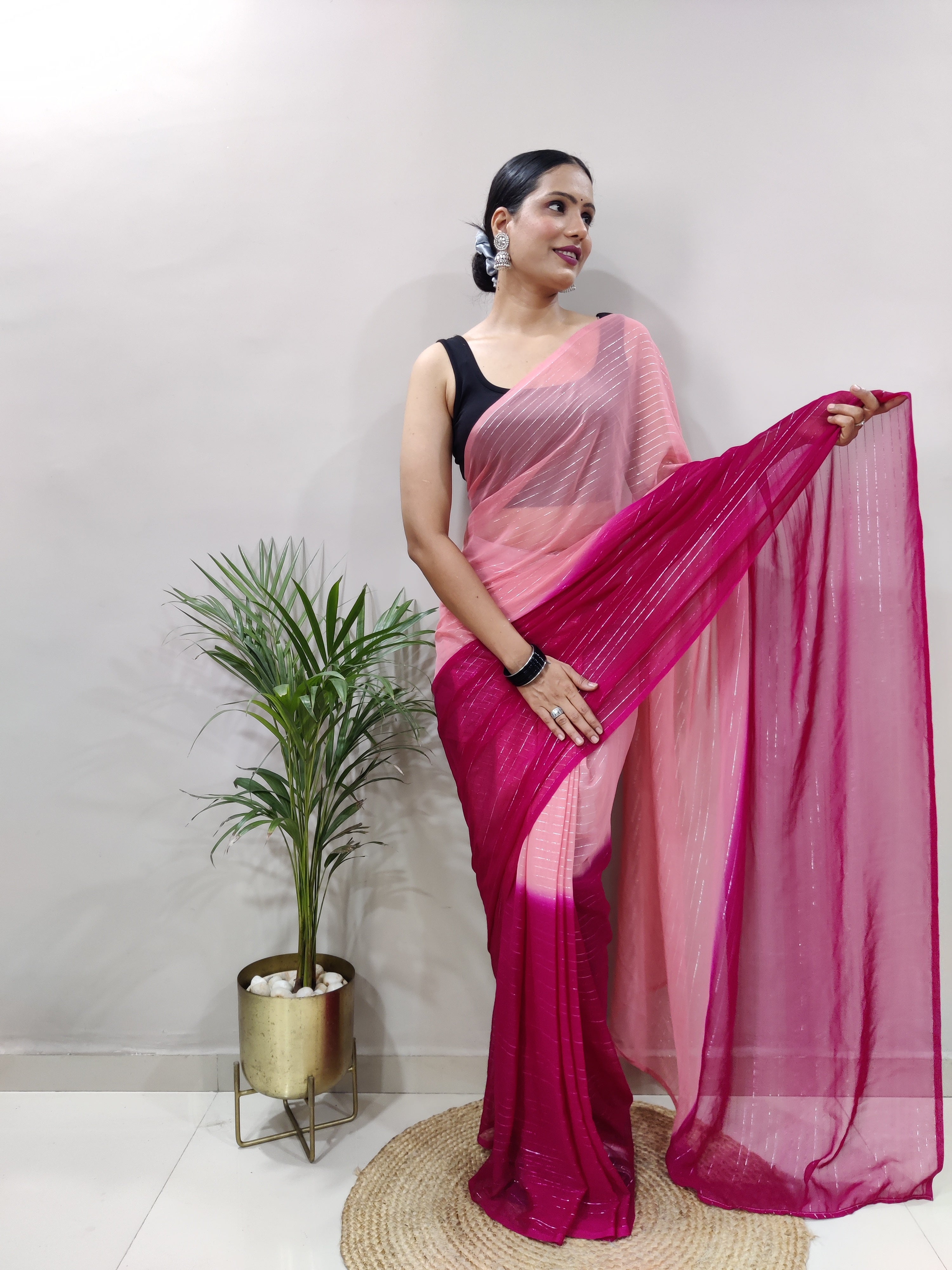 Pink Dual Color Ready to Wear Sanghosha Silk Saree With Blouse
