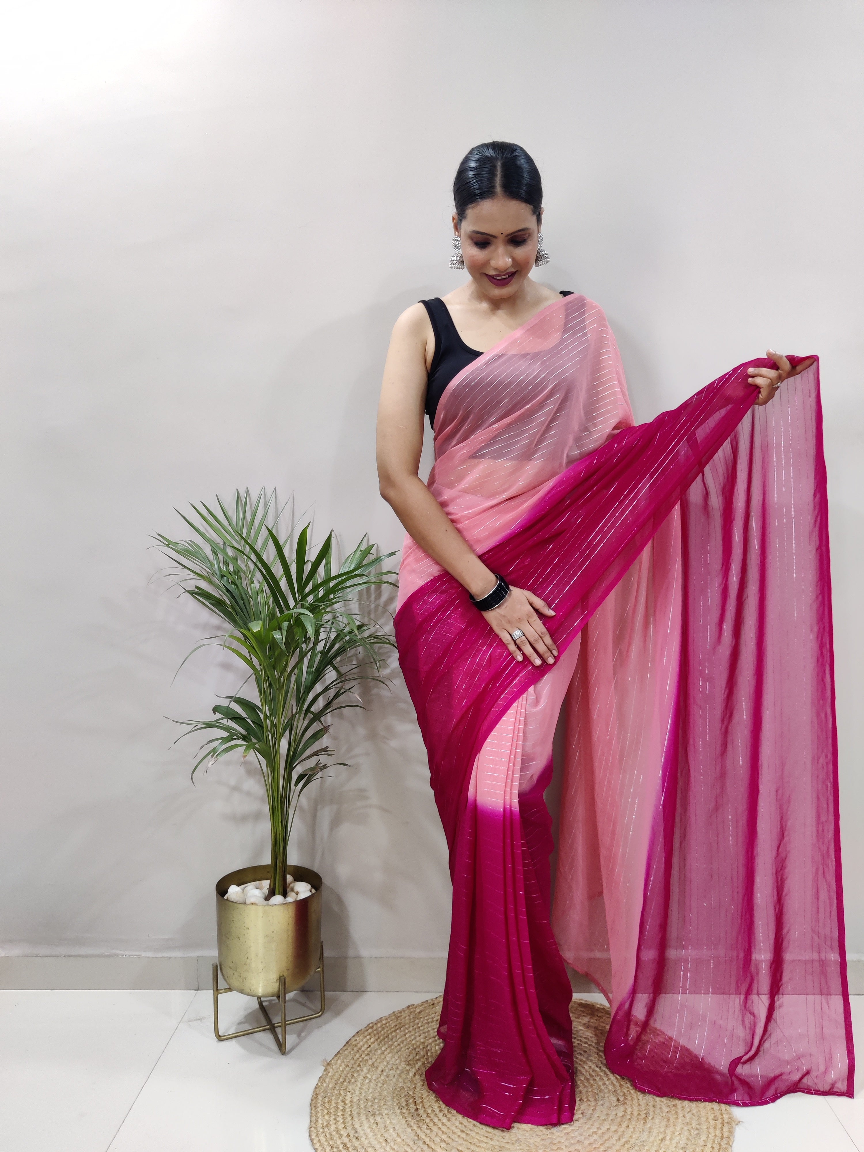 Pink Dual Color Ready to Wear Sanghosha Silk Saree With Blouse