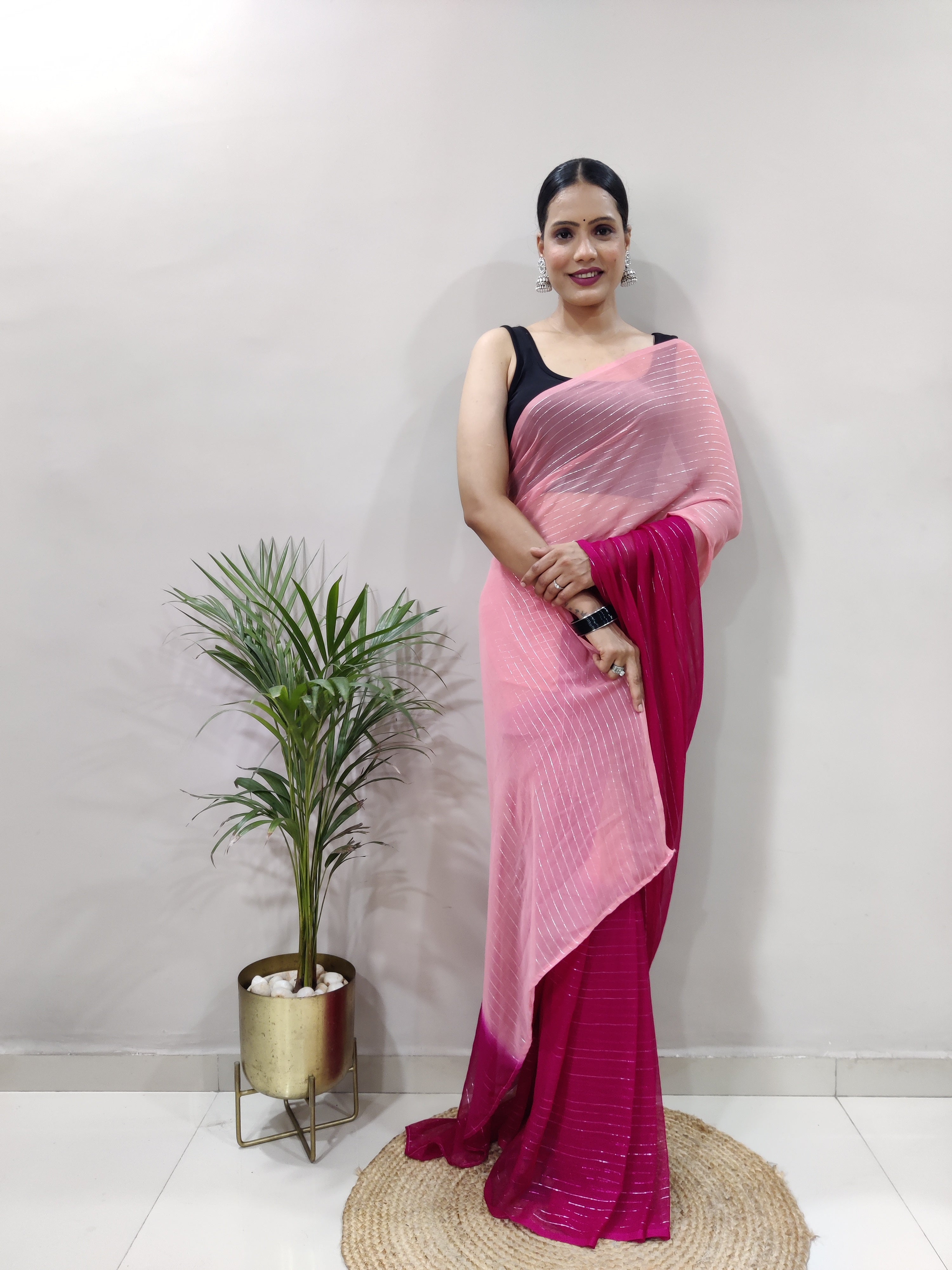 Pink Dual Color Ready to Wear Sanghosha Silk Saree With Blouse