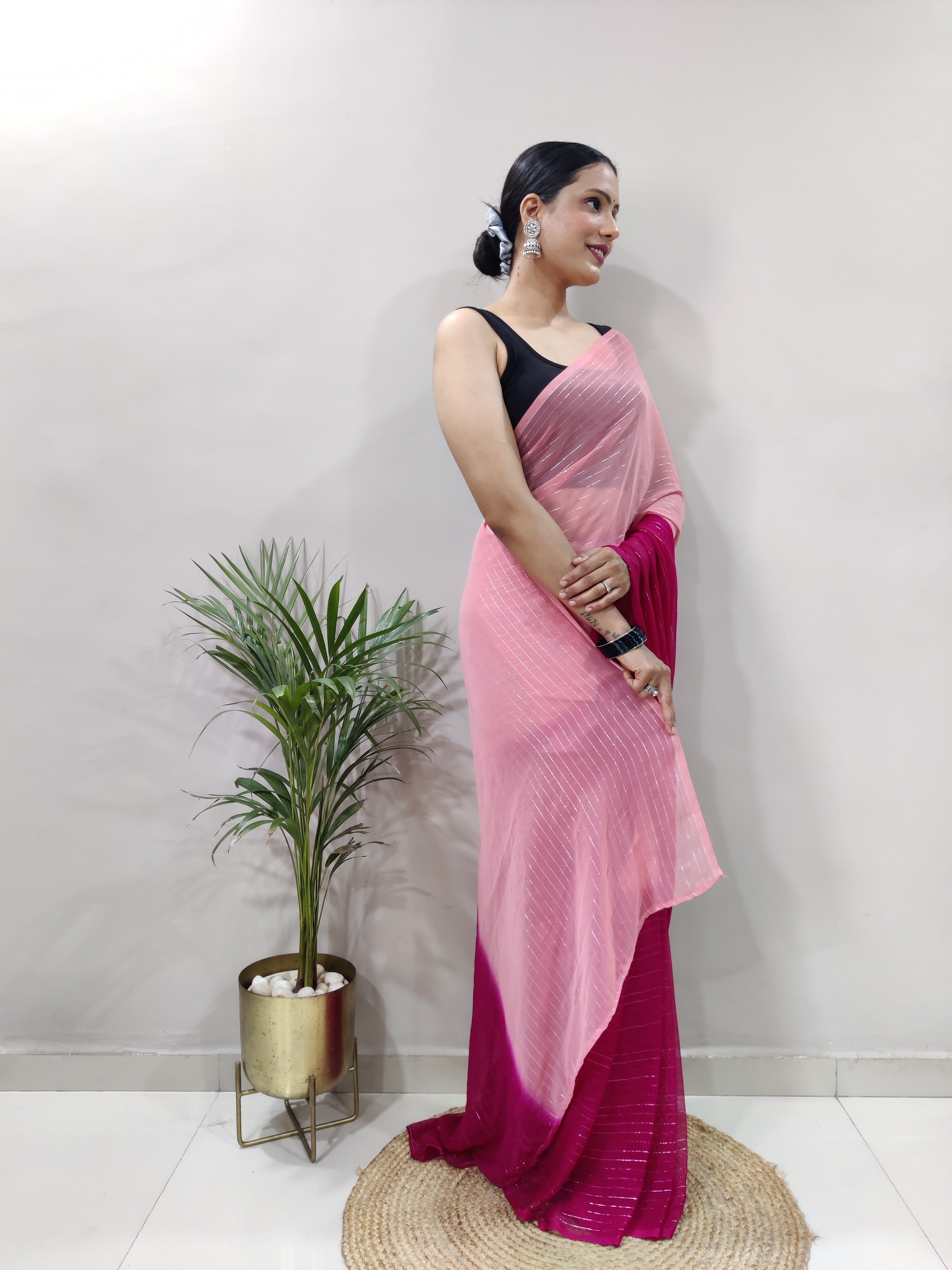 Pink Dual Color Ready to Wear Sanghosha Silk Saree With Blouse