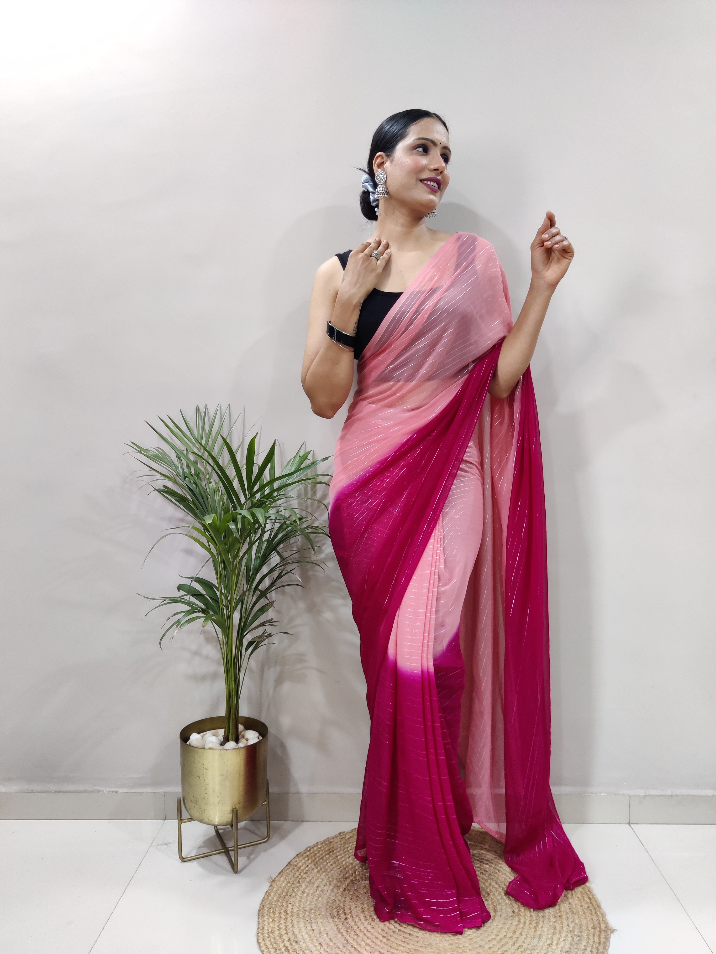Pink Dual Color Ready to Wear Sanghosha Silk Saree With Blouse