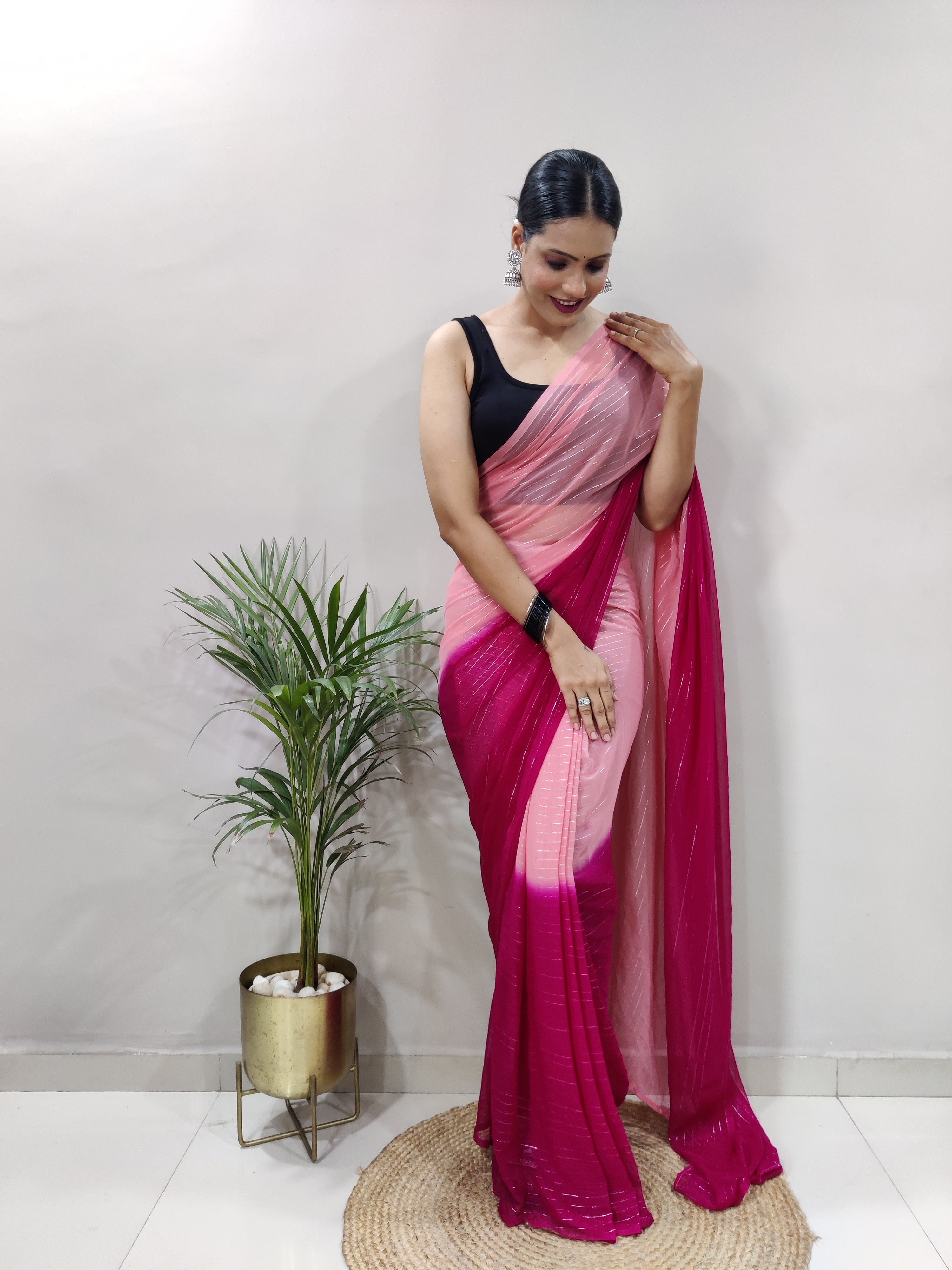 Pink Dual Color Ready to Wear Sanghosha Silk Saree With Blouse