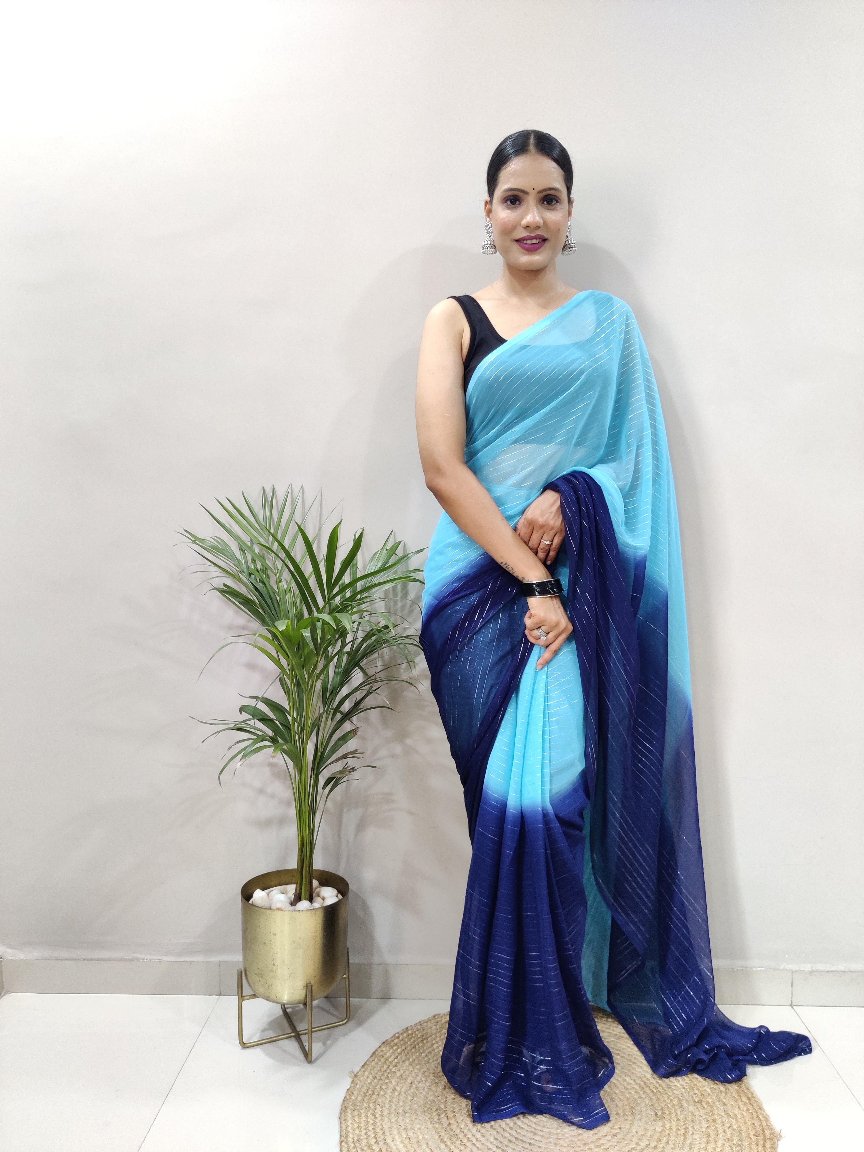 Blue Dual Color Ready to Wear Sanghosha Silk Saree With Blouse