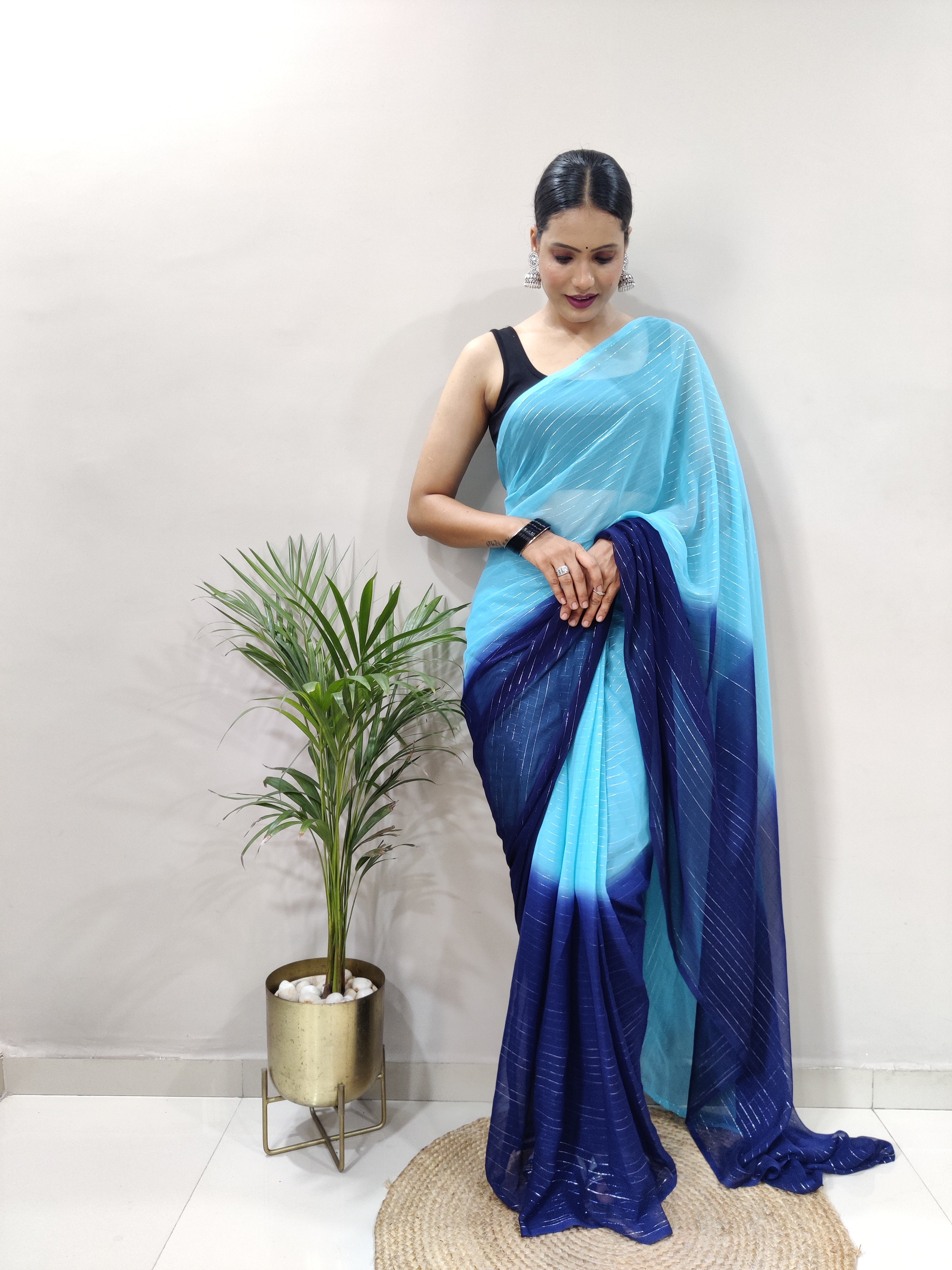 Blue Dual Color Ready to Wear Sanghosha Silk Saree With Blouse