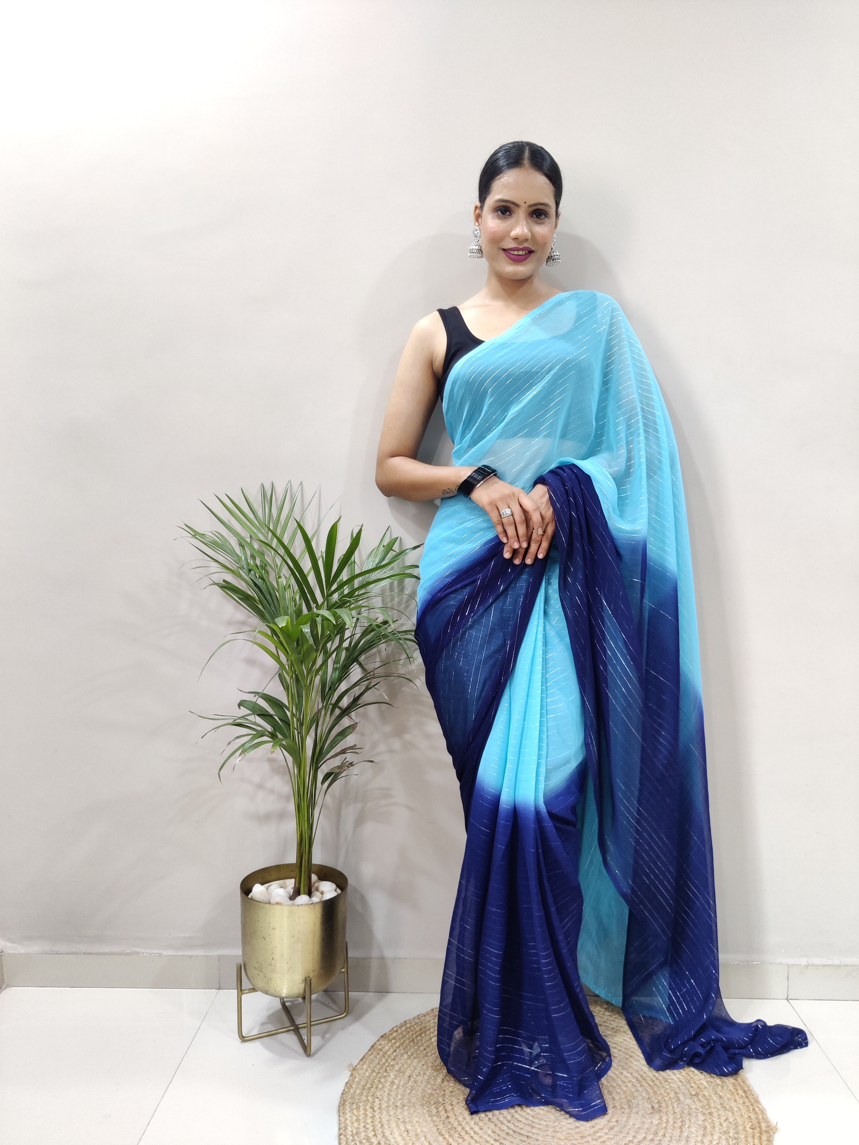 Blue Dual Color Ready to Wear Sanghosha Silk Saree With Blouse