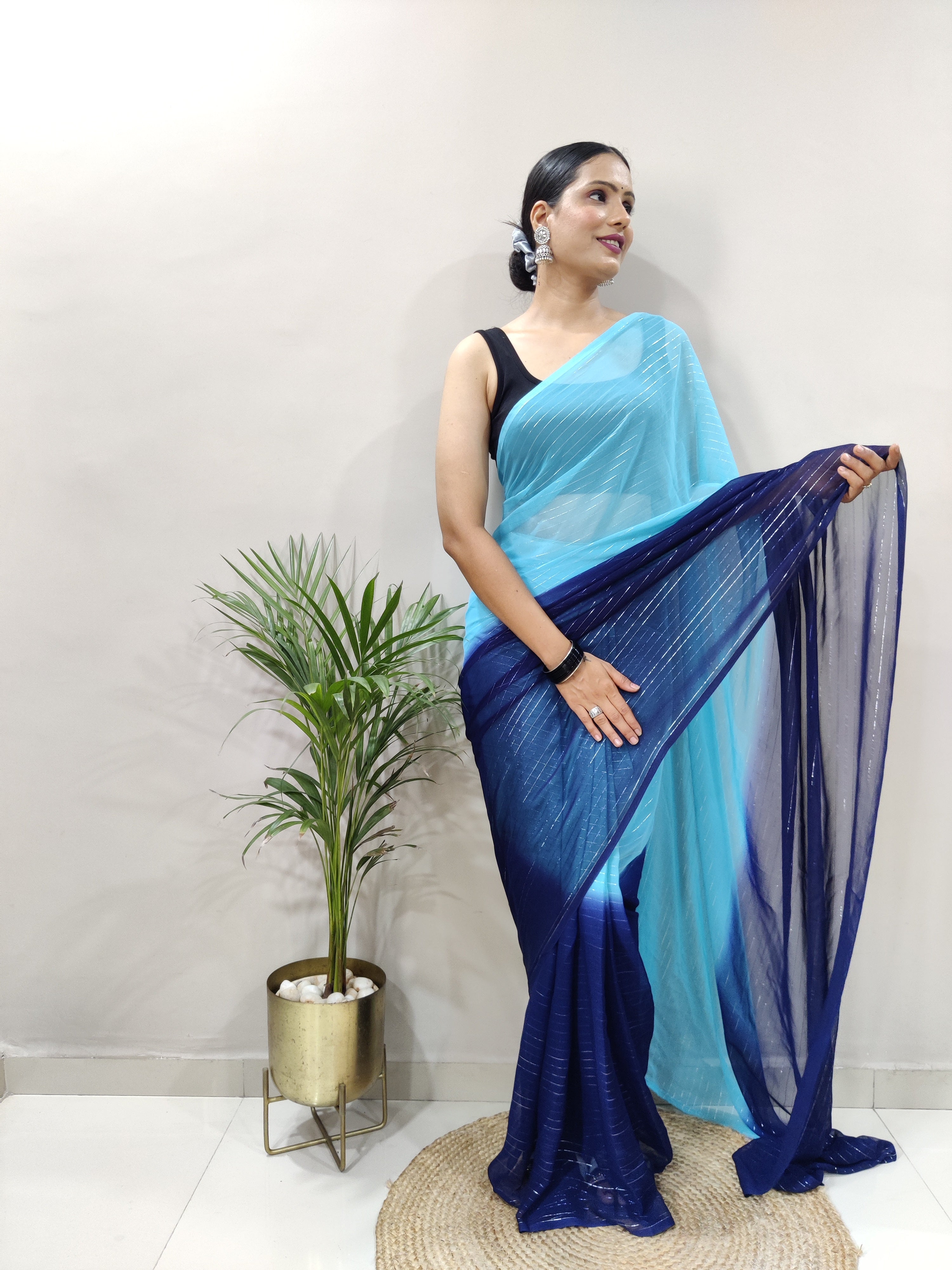Blue Dual Color Ready to Wear Sanghosha Silk Saree With Blouse