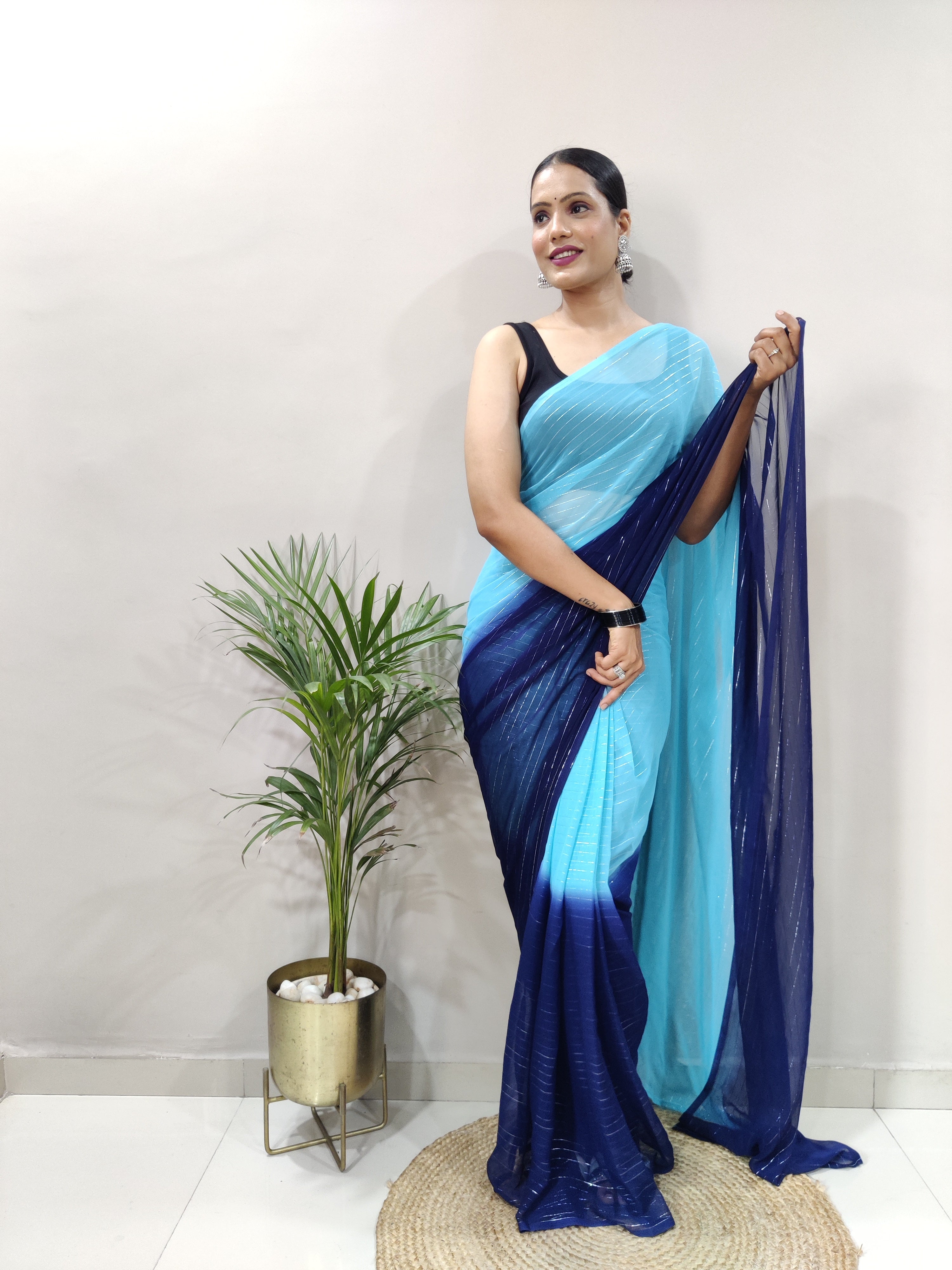 Blue Dual Color Ready to Wear Sanghosha Silk Saree With Blouse