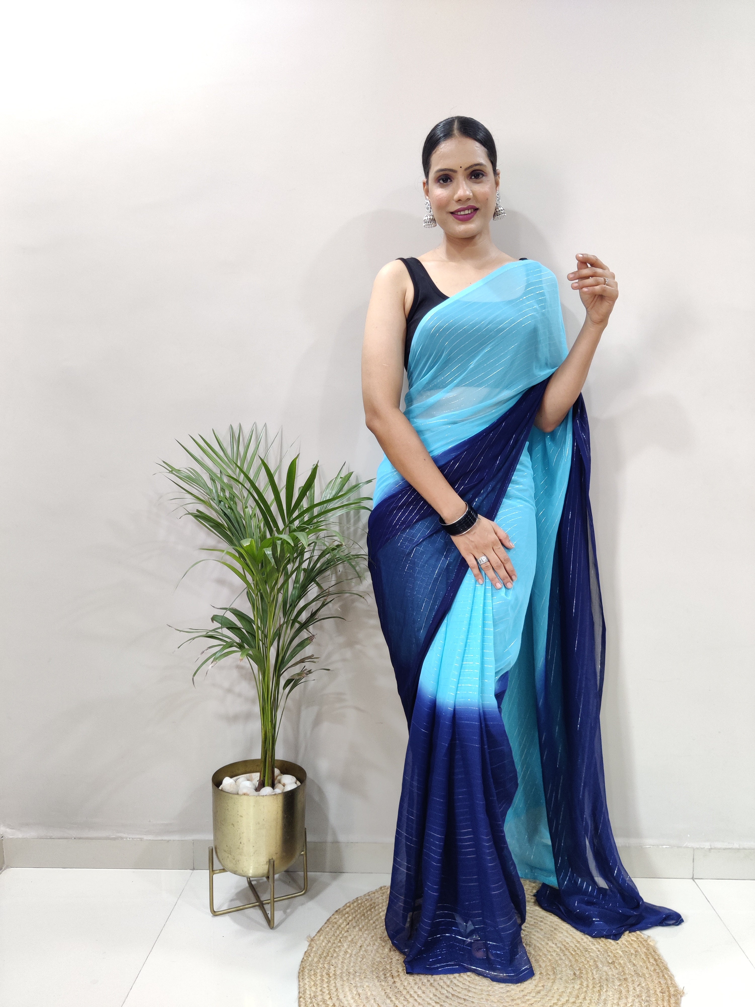 Blue Dual Color Ready to Wear Sanghosha Silk Saree With Blouse