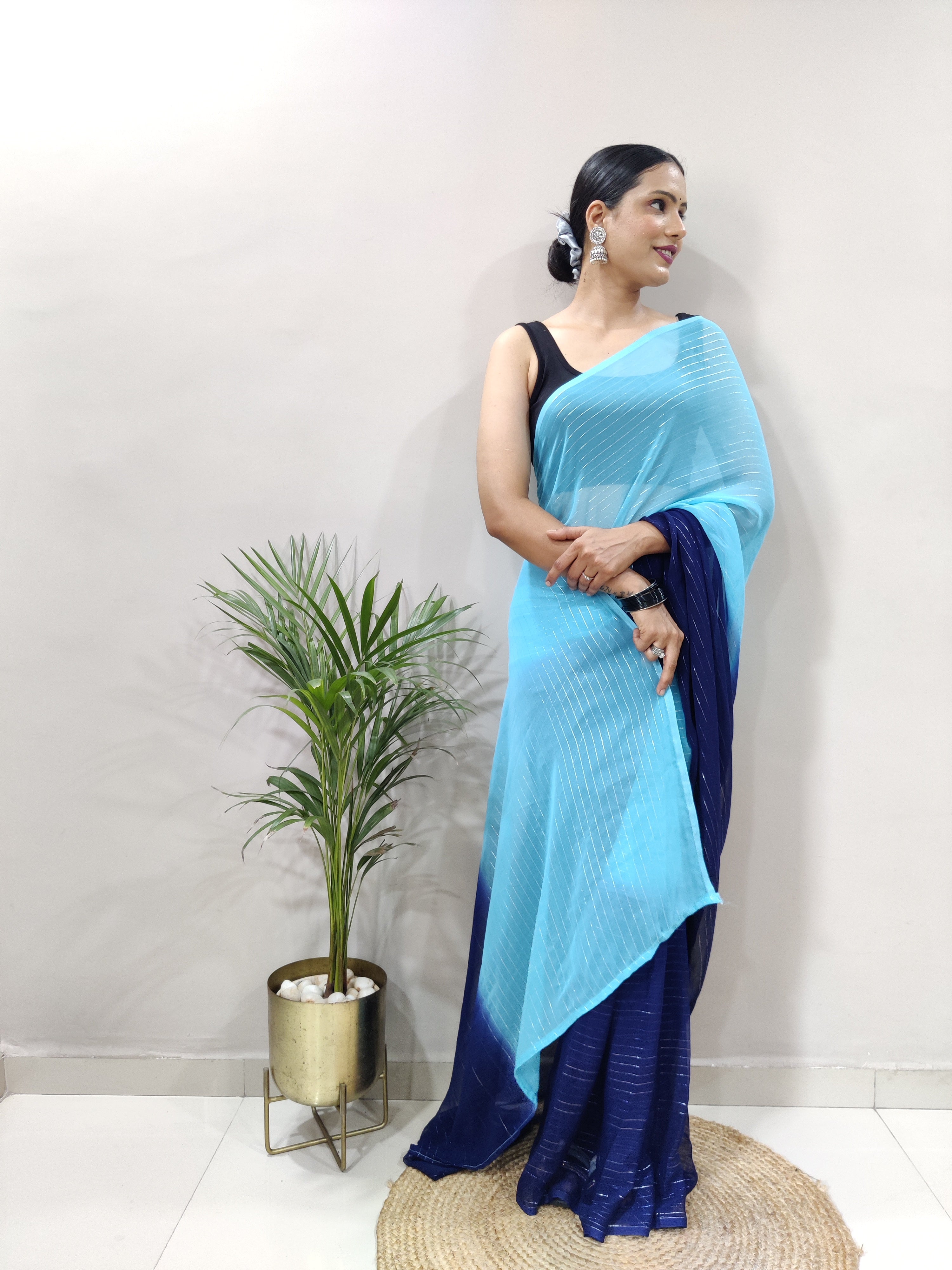 Blue Dual Color Ready to Wear Sanghosha Silk Saree With Blouse