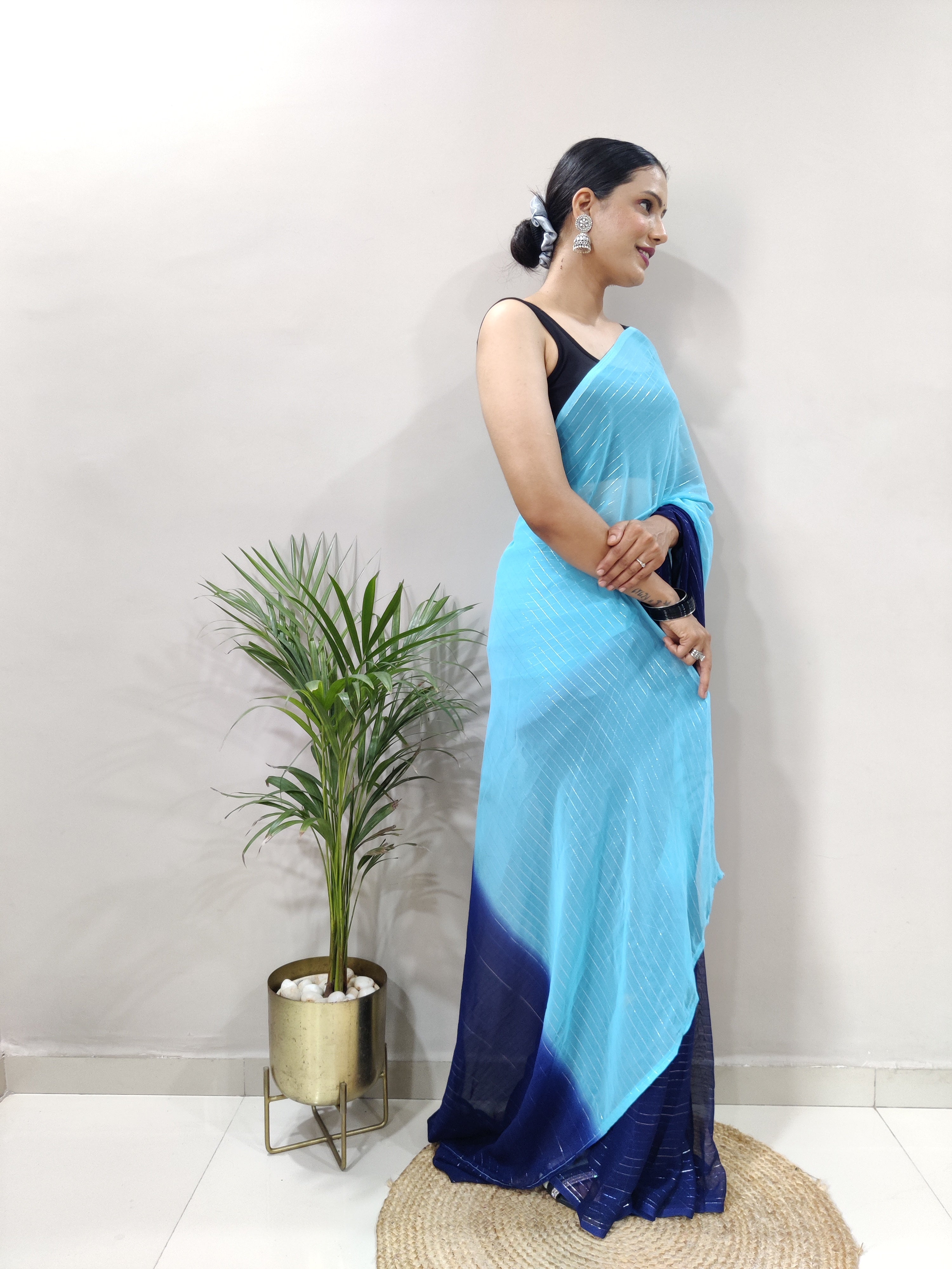 Blue Dual Color Ready to Wear Sanghosha Silk Saree With Blouse