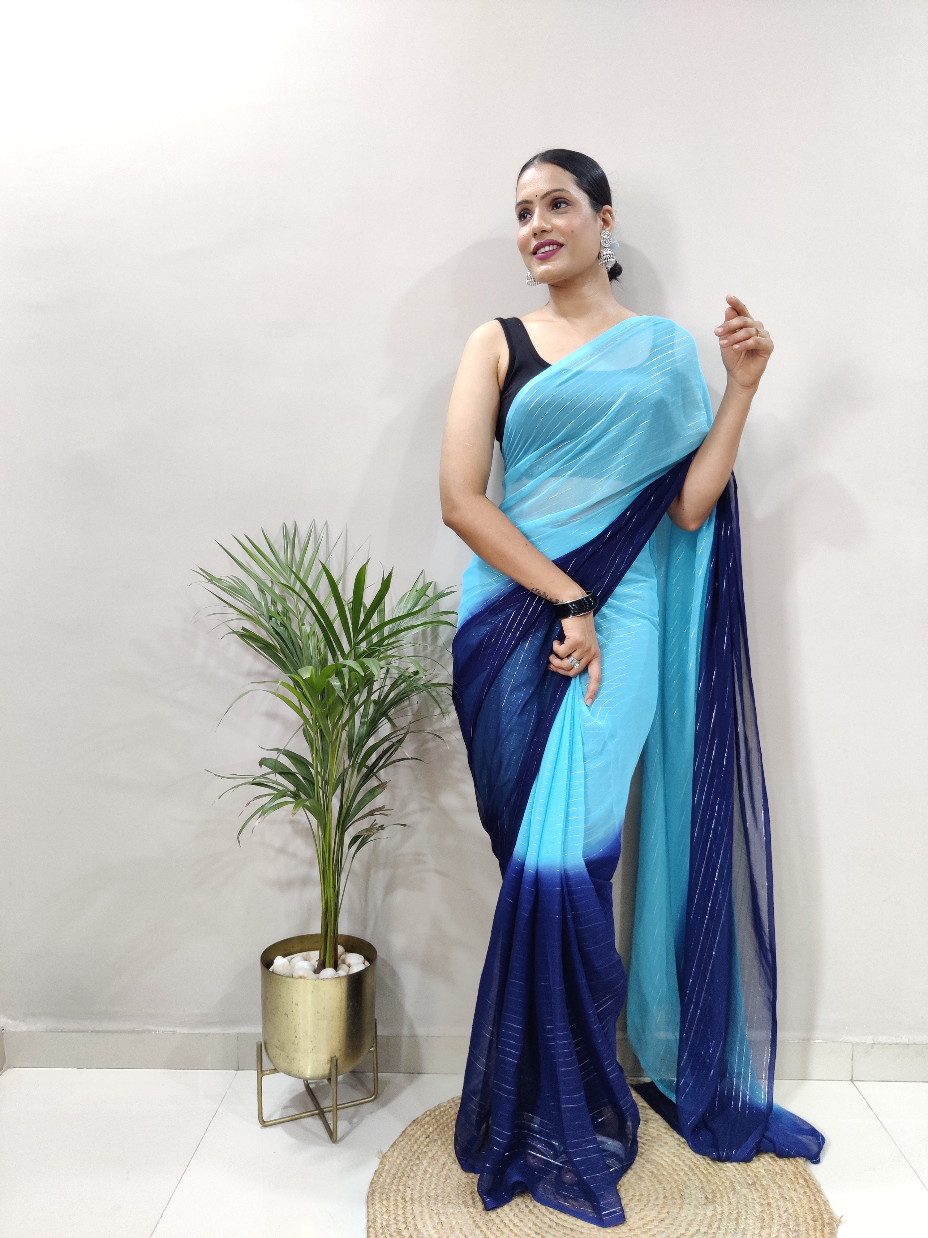 Blue Dual Color Ready to Wear Sanghosha Silk Saree With Blouse