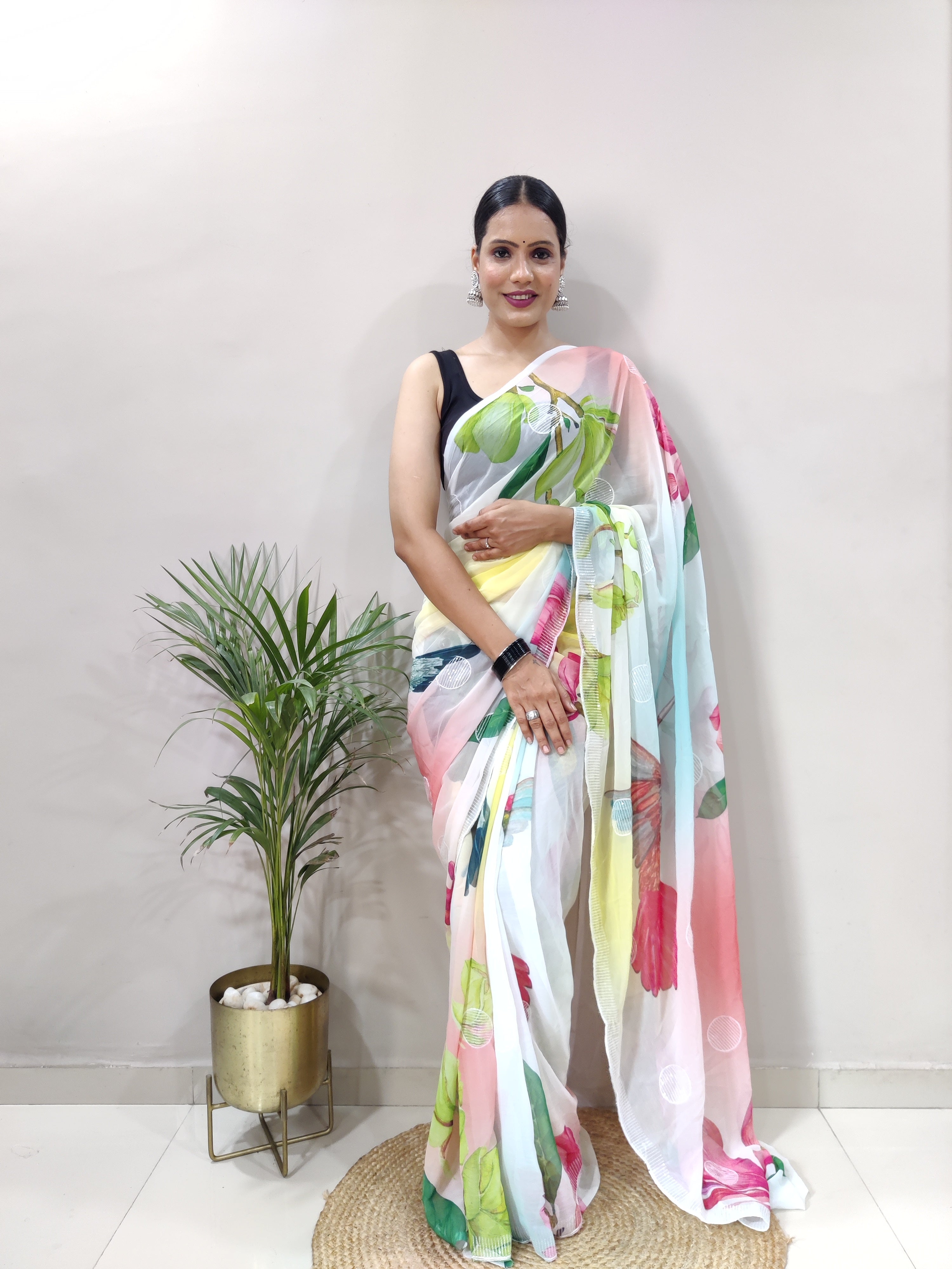 Flamingo Flying bird Color Ready to Wear Georgette Saree With Floral Design and Blouse