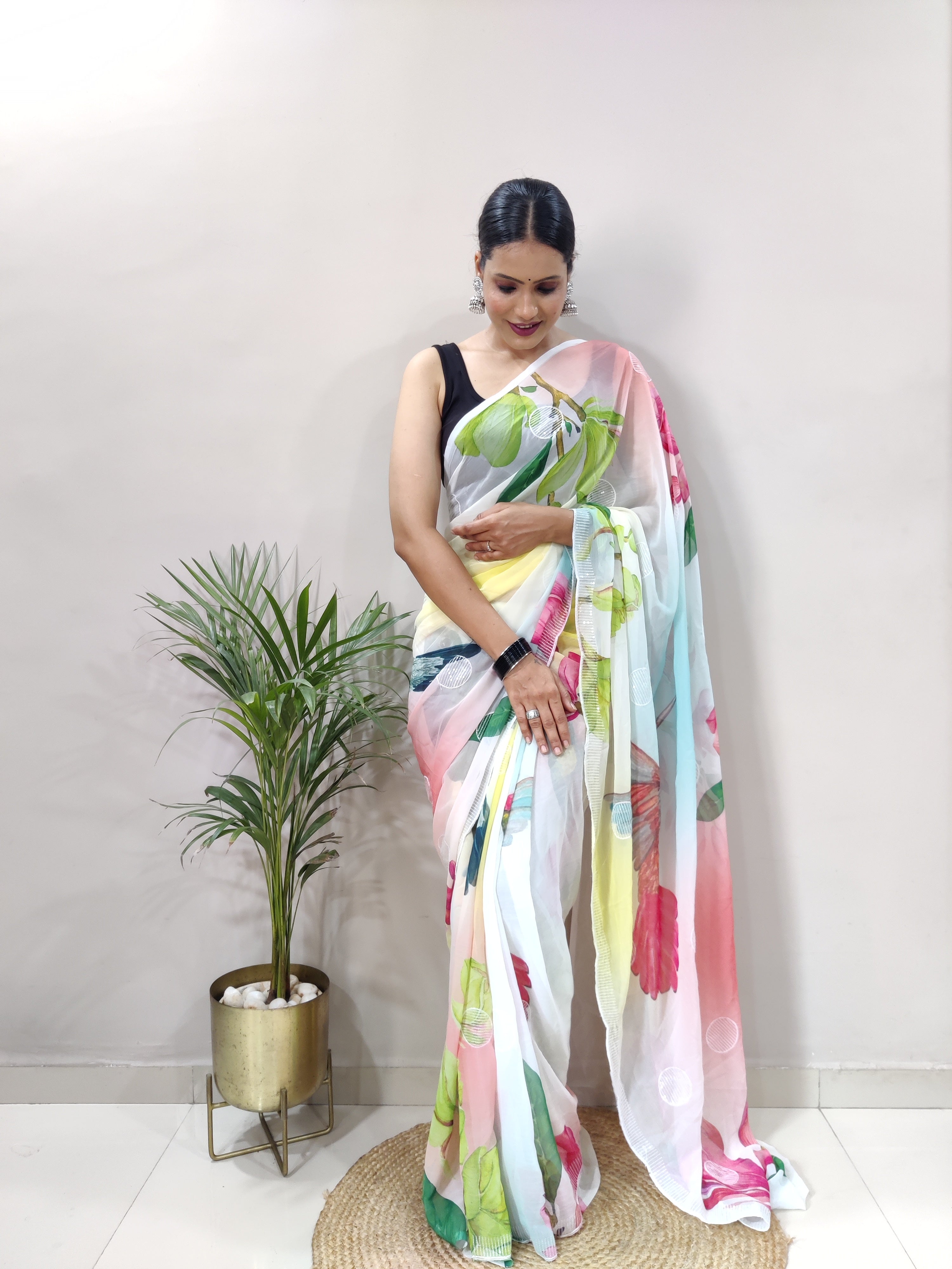 Flamingo Flying bird Color Ready to Wear Georgette Saree With Floral Design and Blouse