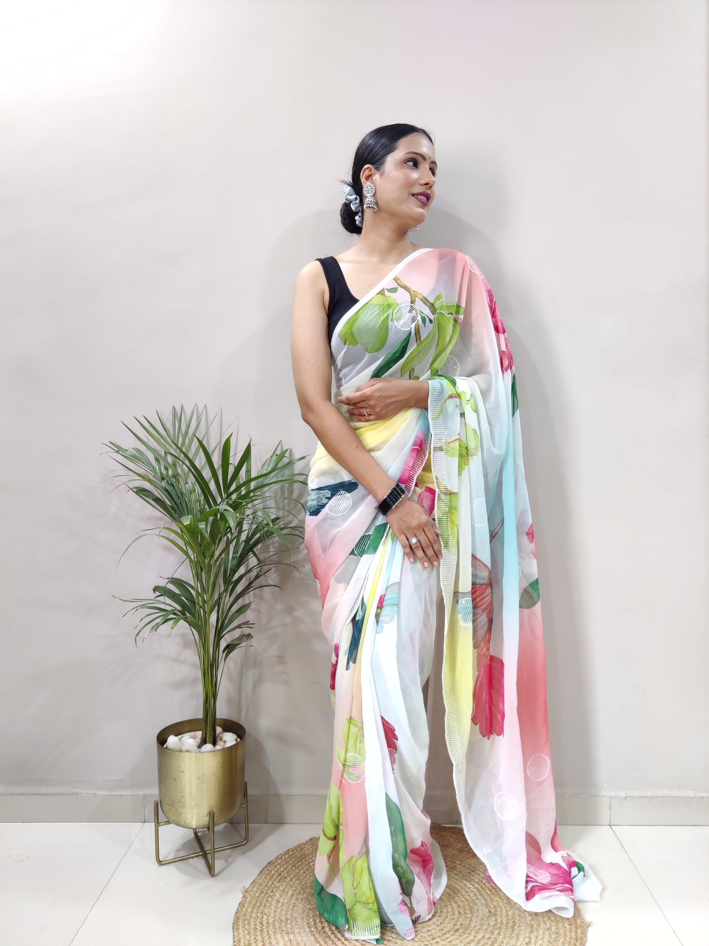 Flamingo Flying bird Color Ready to Wear Georgette Saree With Floral Design and Blouse