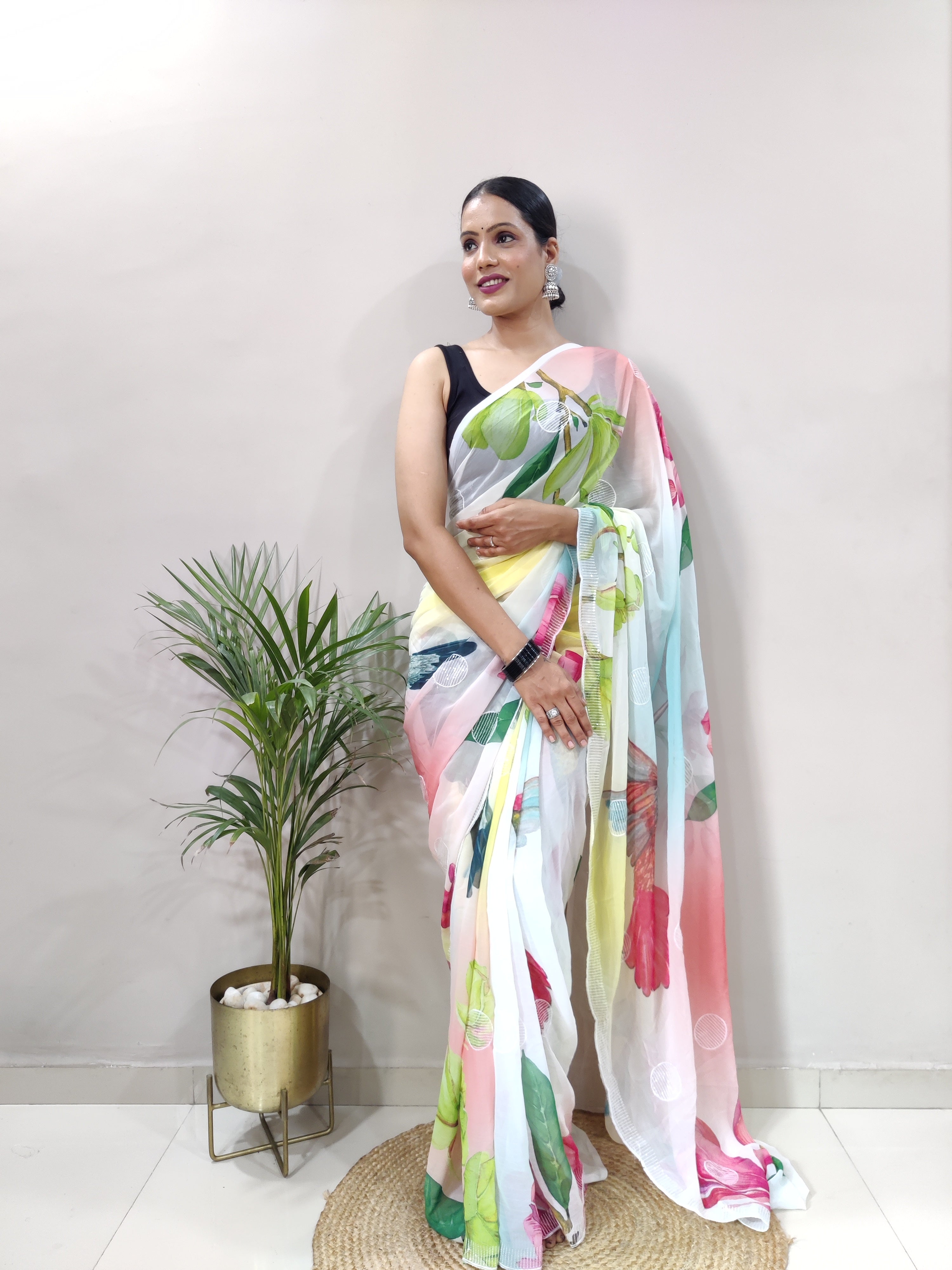 Flamingo Flying bird Color Ready to Wear Georgette Saree With Floral Design and Blouse