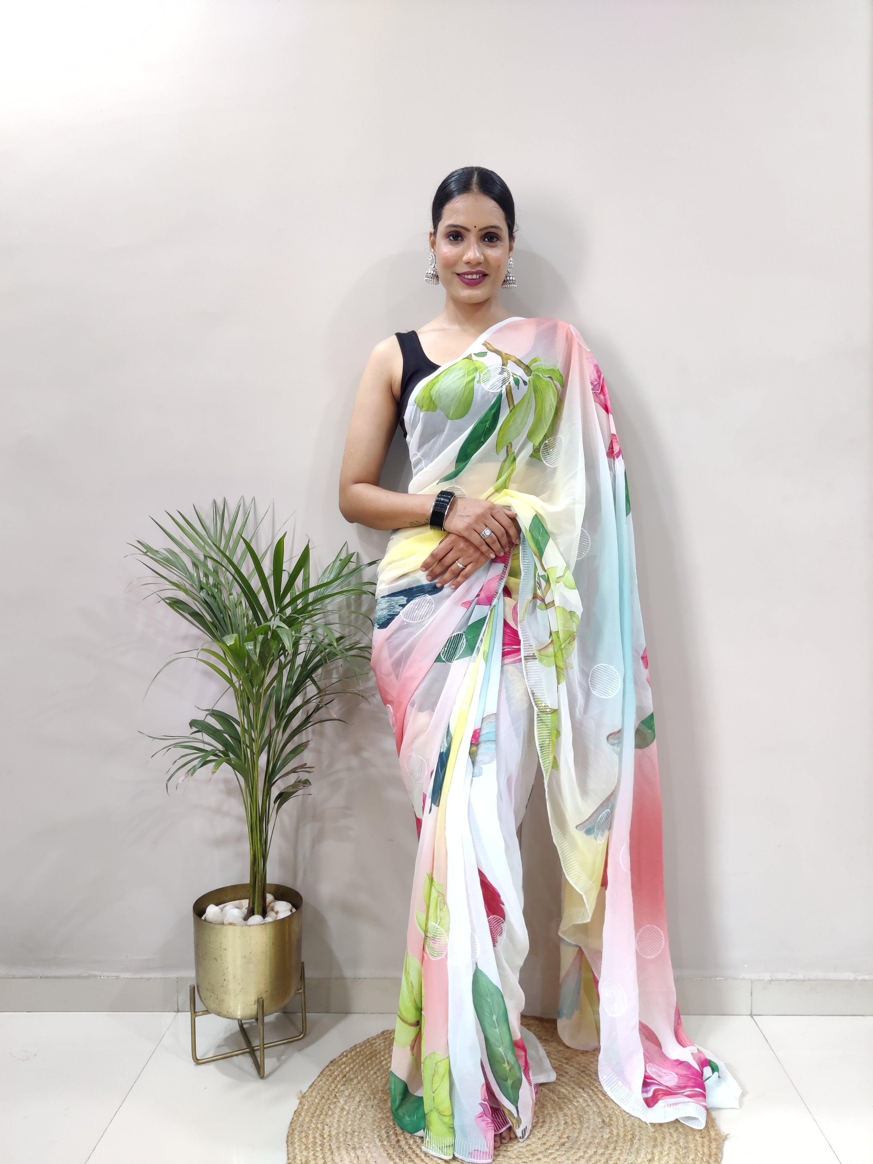 Flamingo Flying bird Color Ready to Wear Georgette Saree With Floral Design and Blouse