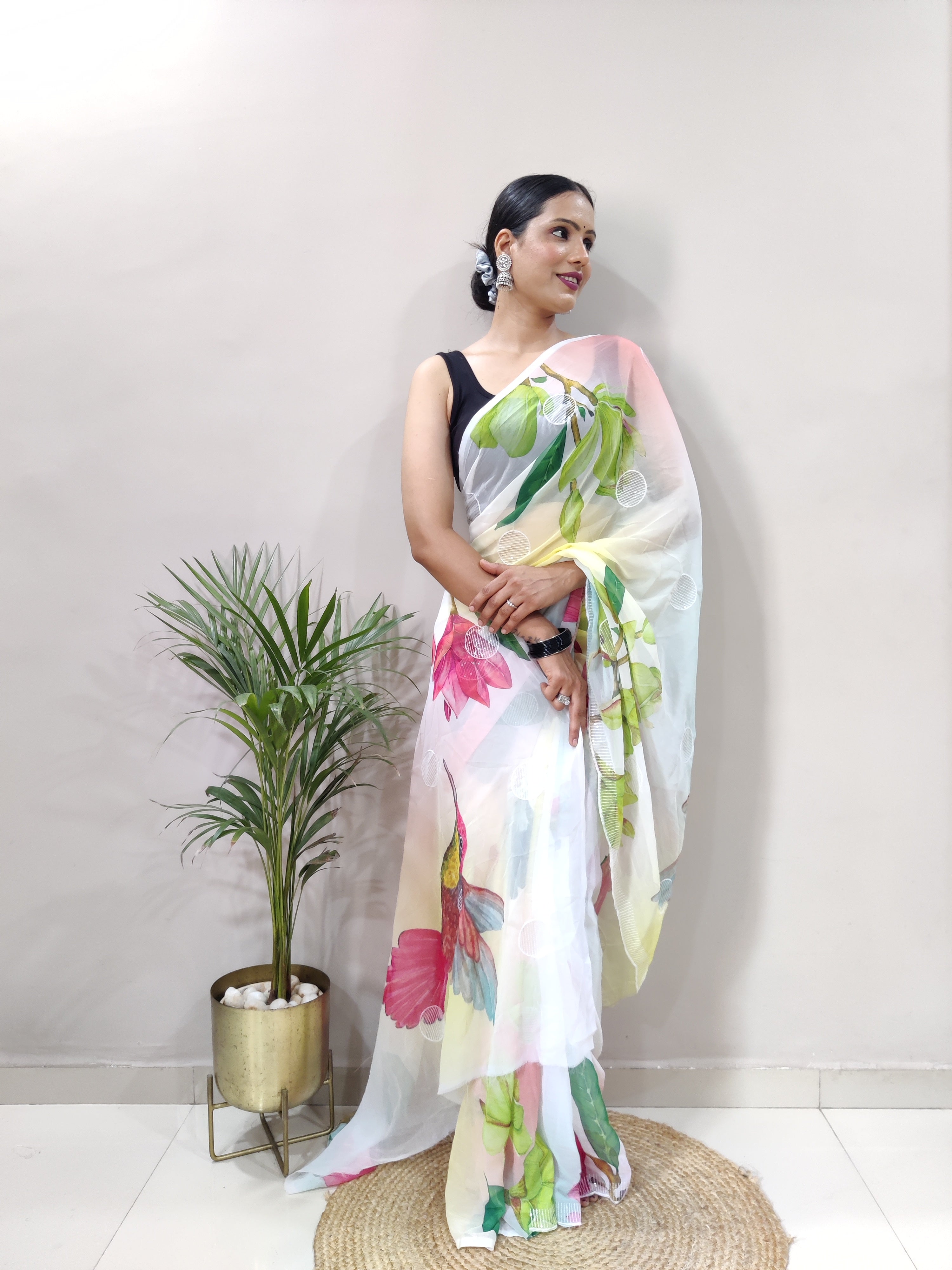 Flamingo Flying bird Color Ready to Wear Georgette Saree With Floral Design and Blouse