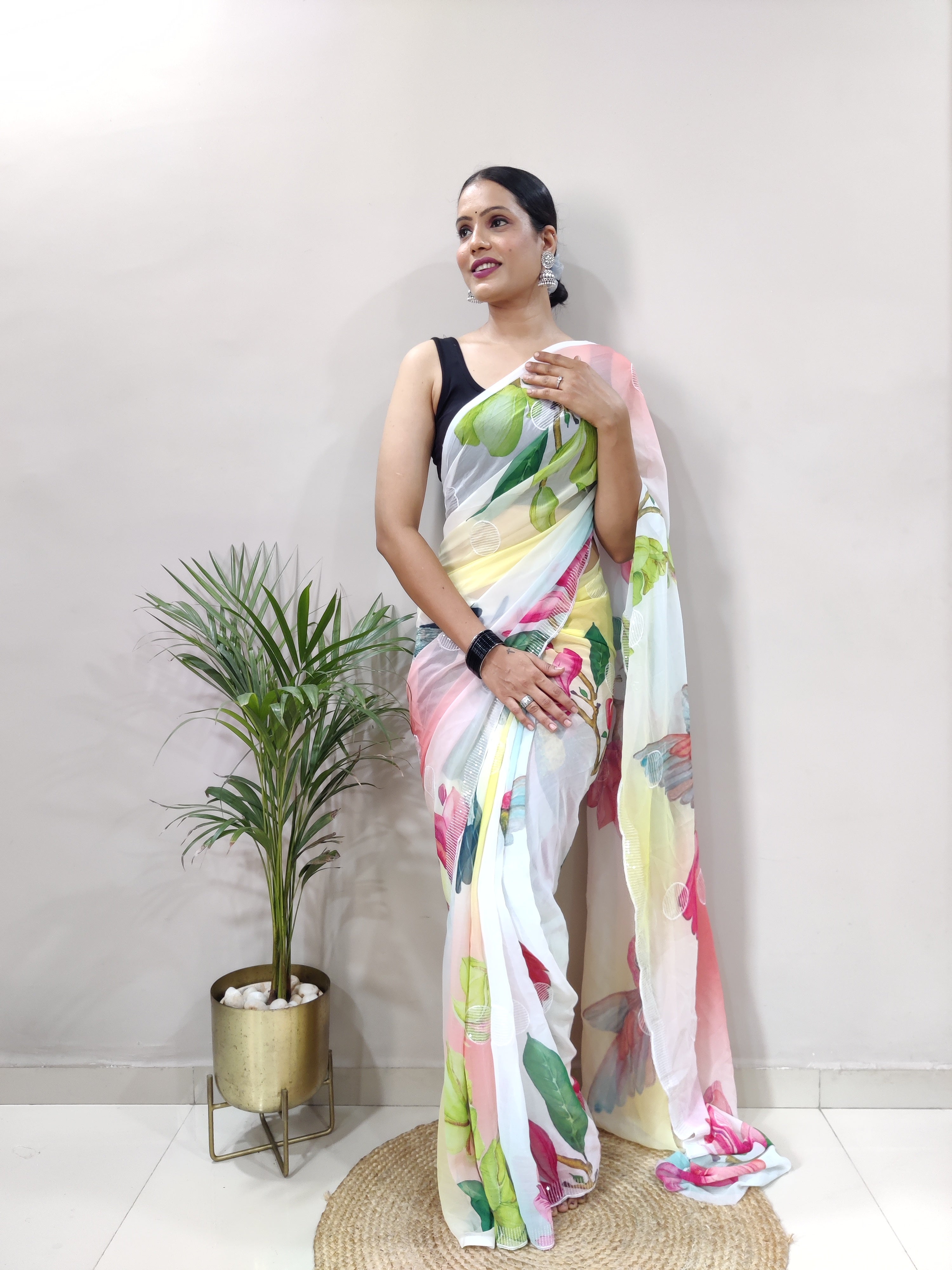 Flamingo Flying bird Color Ready to Wear Georgette Saree With Floral Design and Blouse