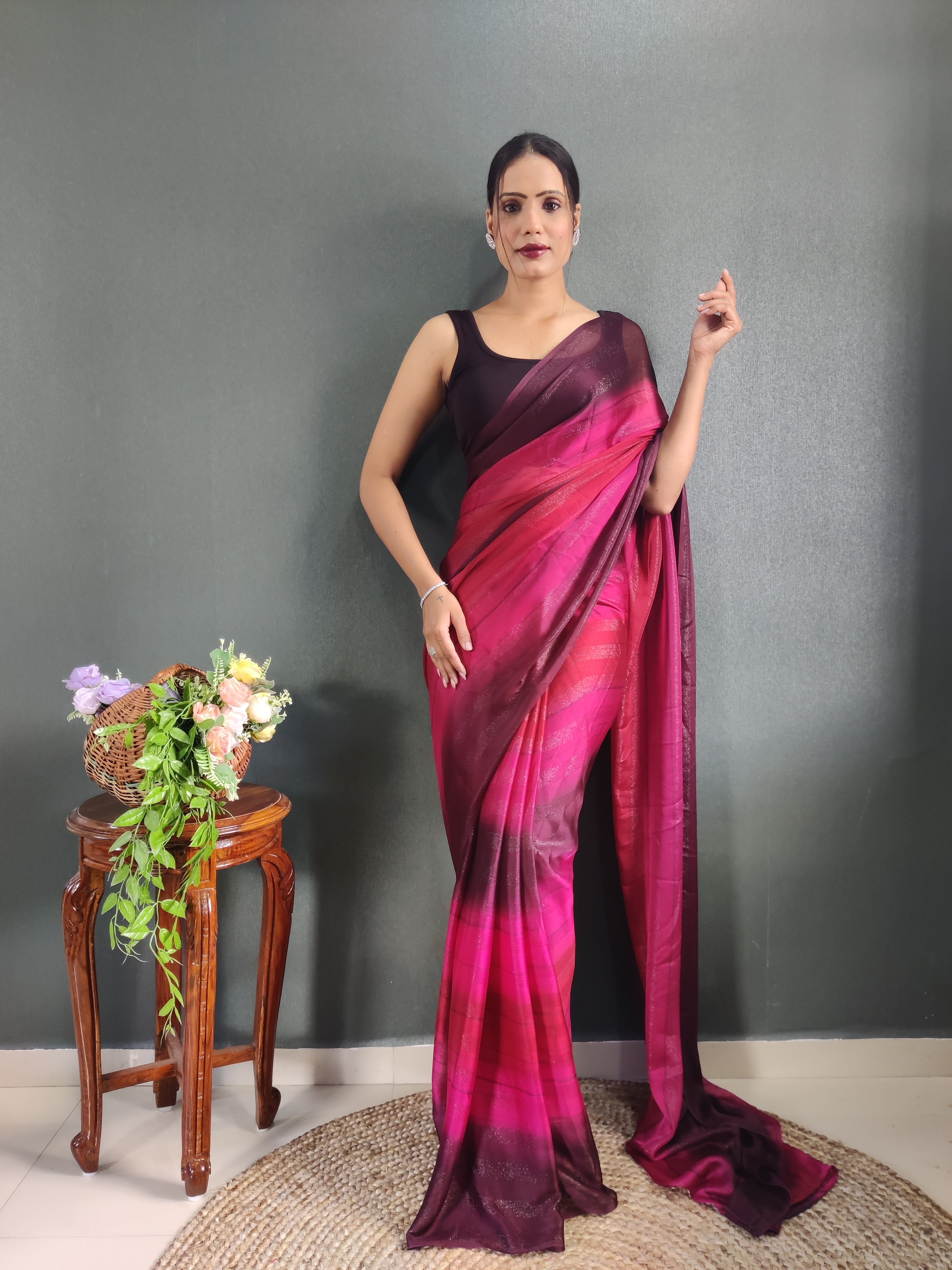 Sanghosha Beetroot Purple Premium Georgette 1-Min Ready To Wear Saree