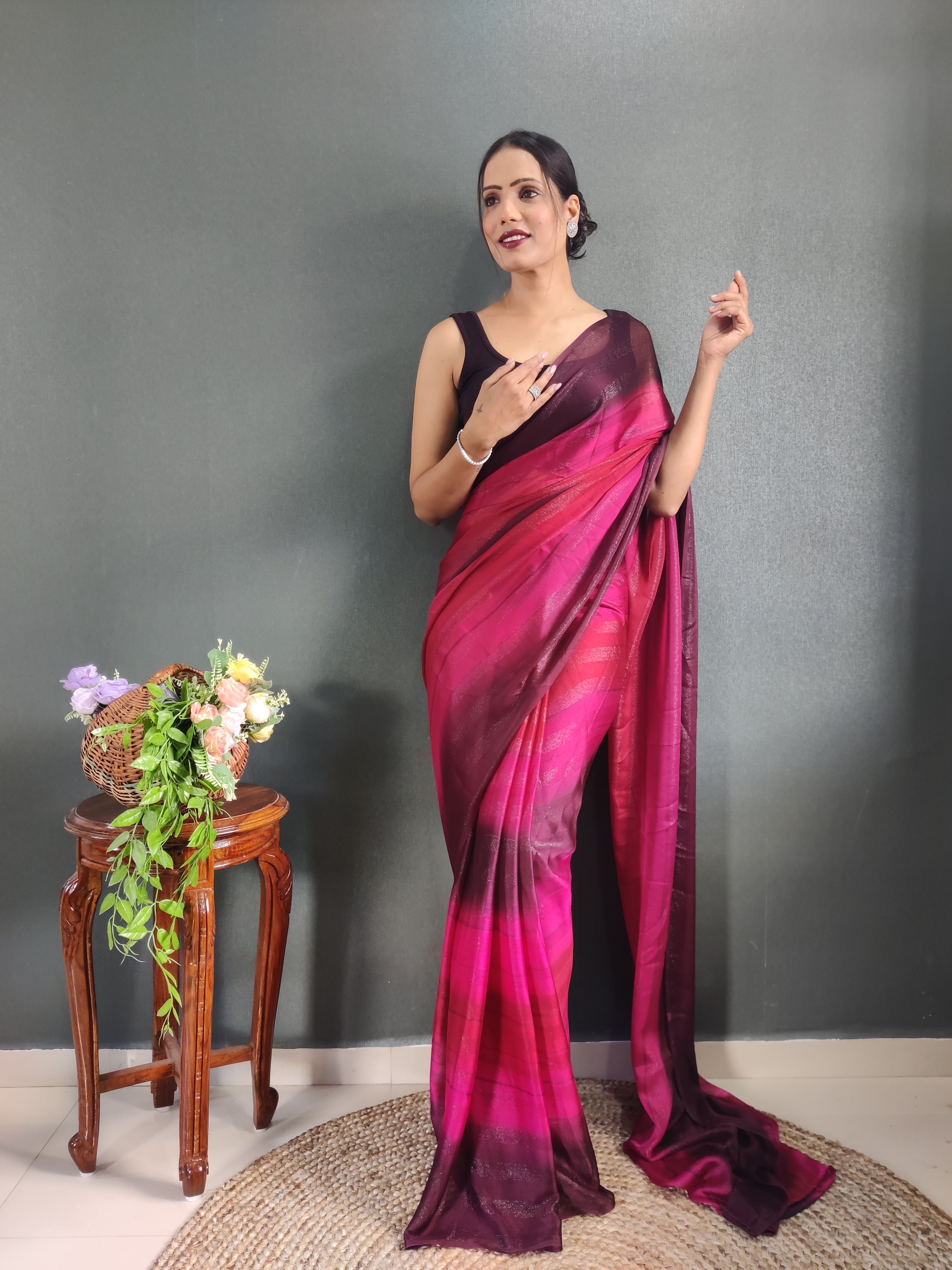 Sanghosha Beetroot Purple Premium Georgette 1-Min Ready To Wear Saree