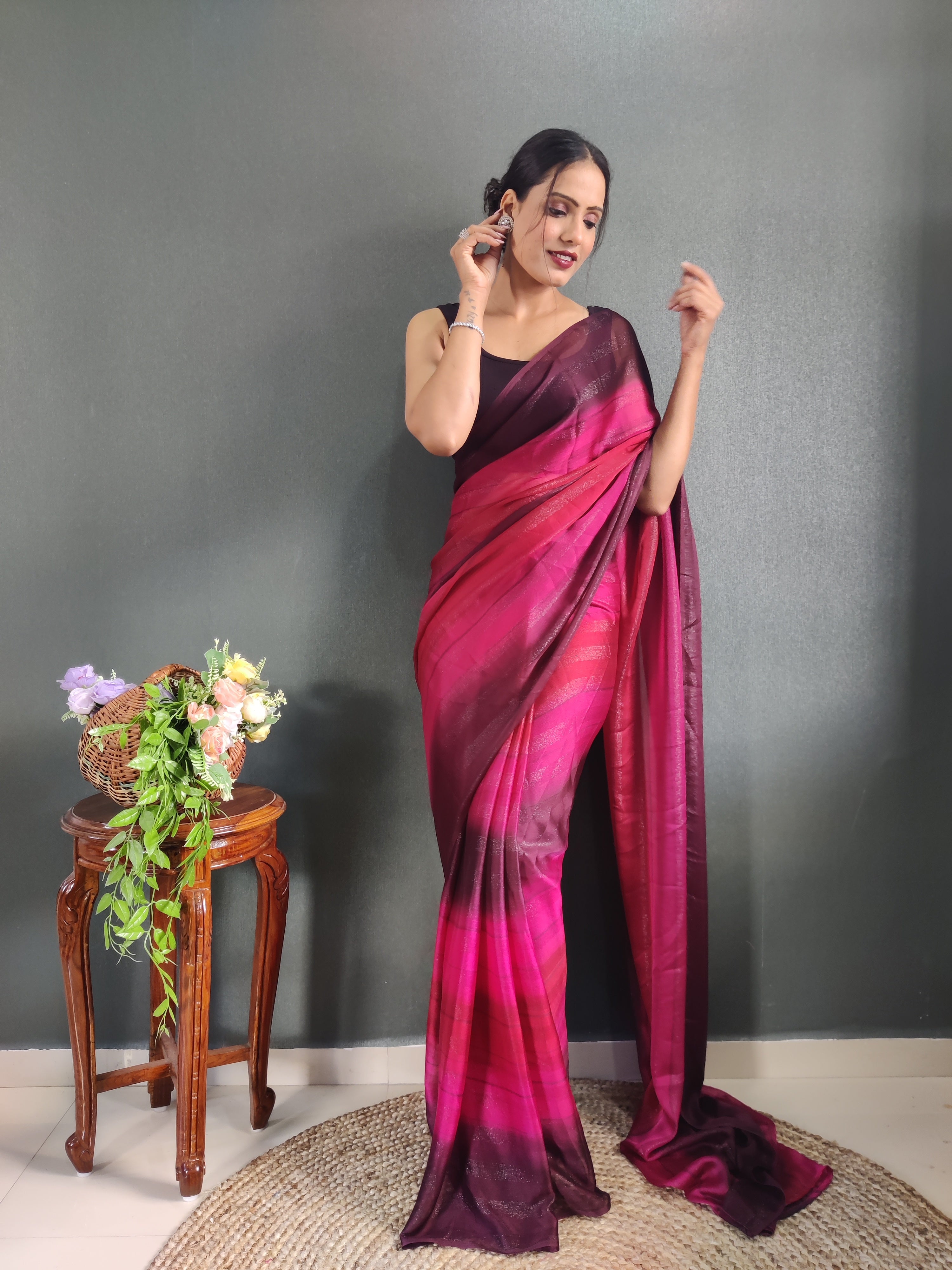 Sanghosha Beetroot Purple Premium Georgette 1-Min Ready To Wear Saree