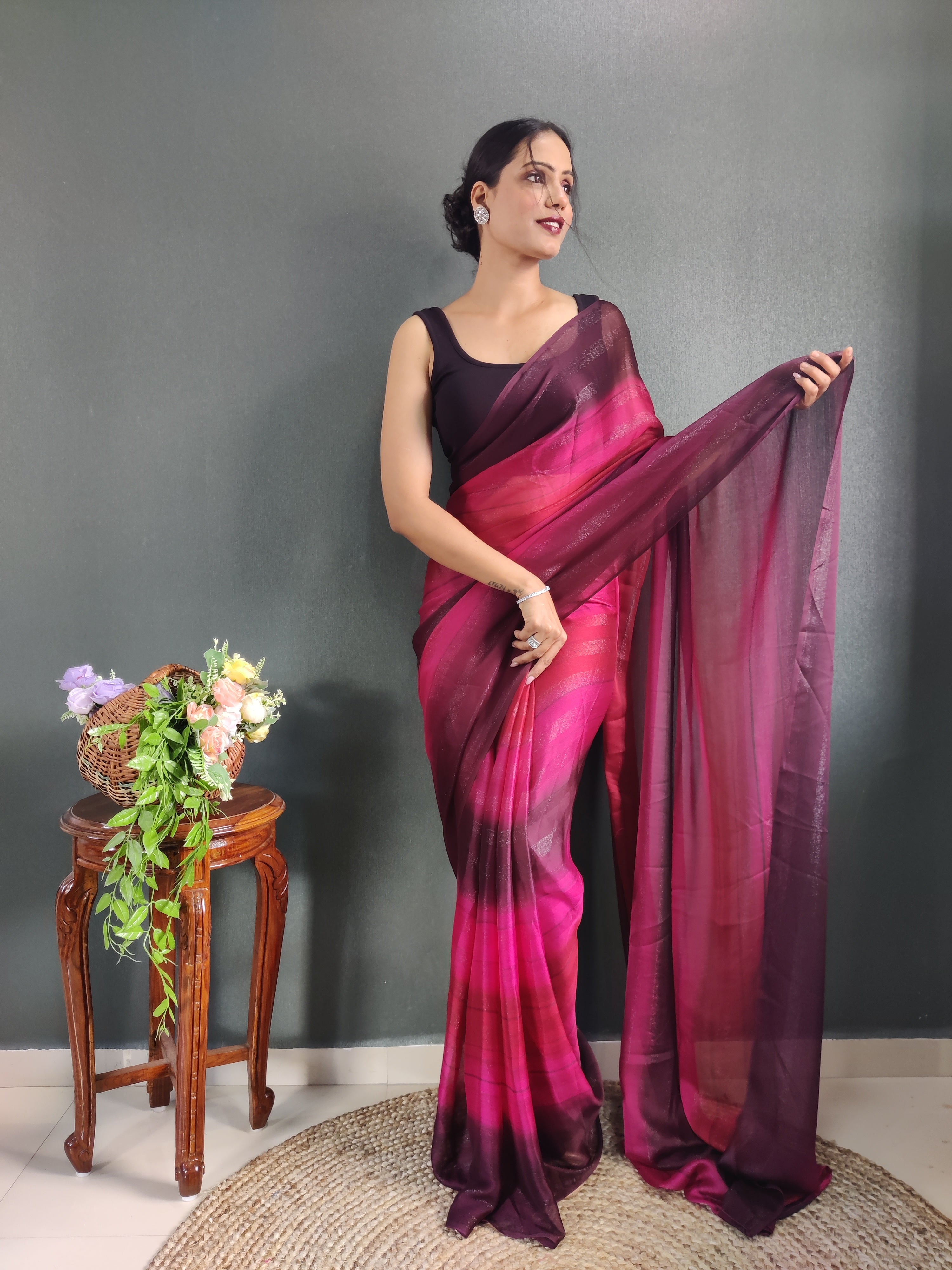 Sanghosha Beetroot Purple Premium Georgette 1-Min Ready To Wear Saree