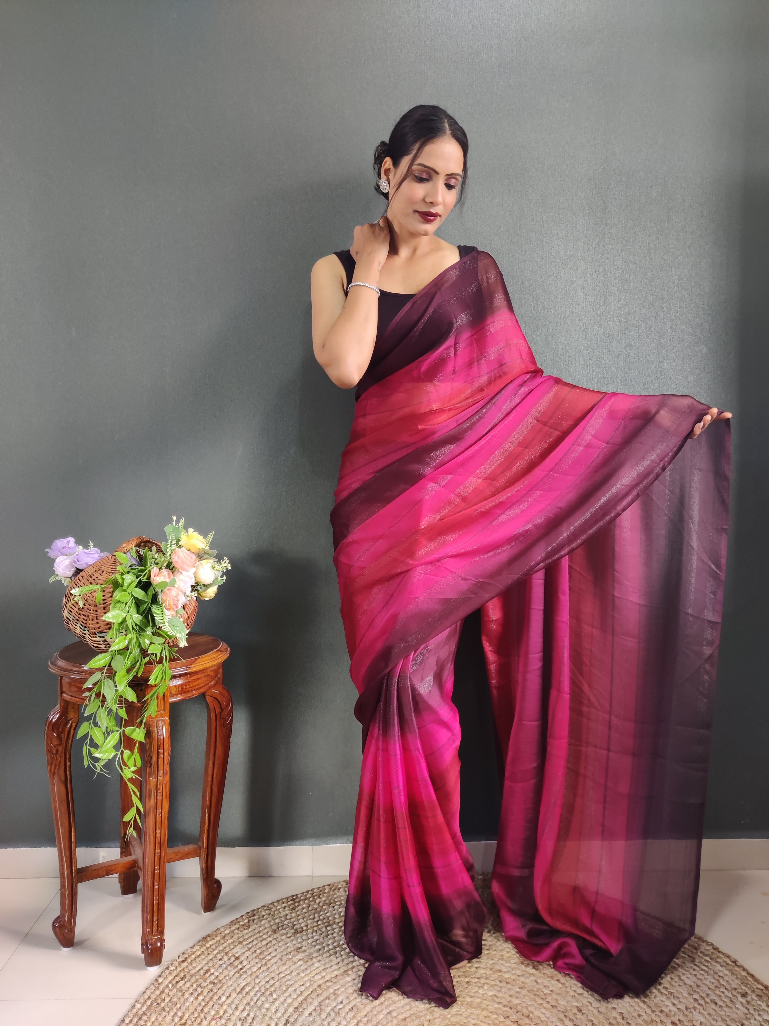 Sanghosha Beetroot Purple Premium Georgette 1-Min Ready To Wear Saree