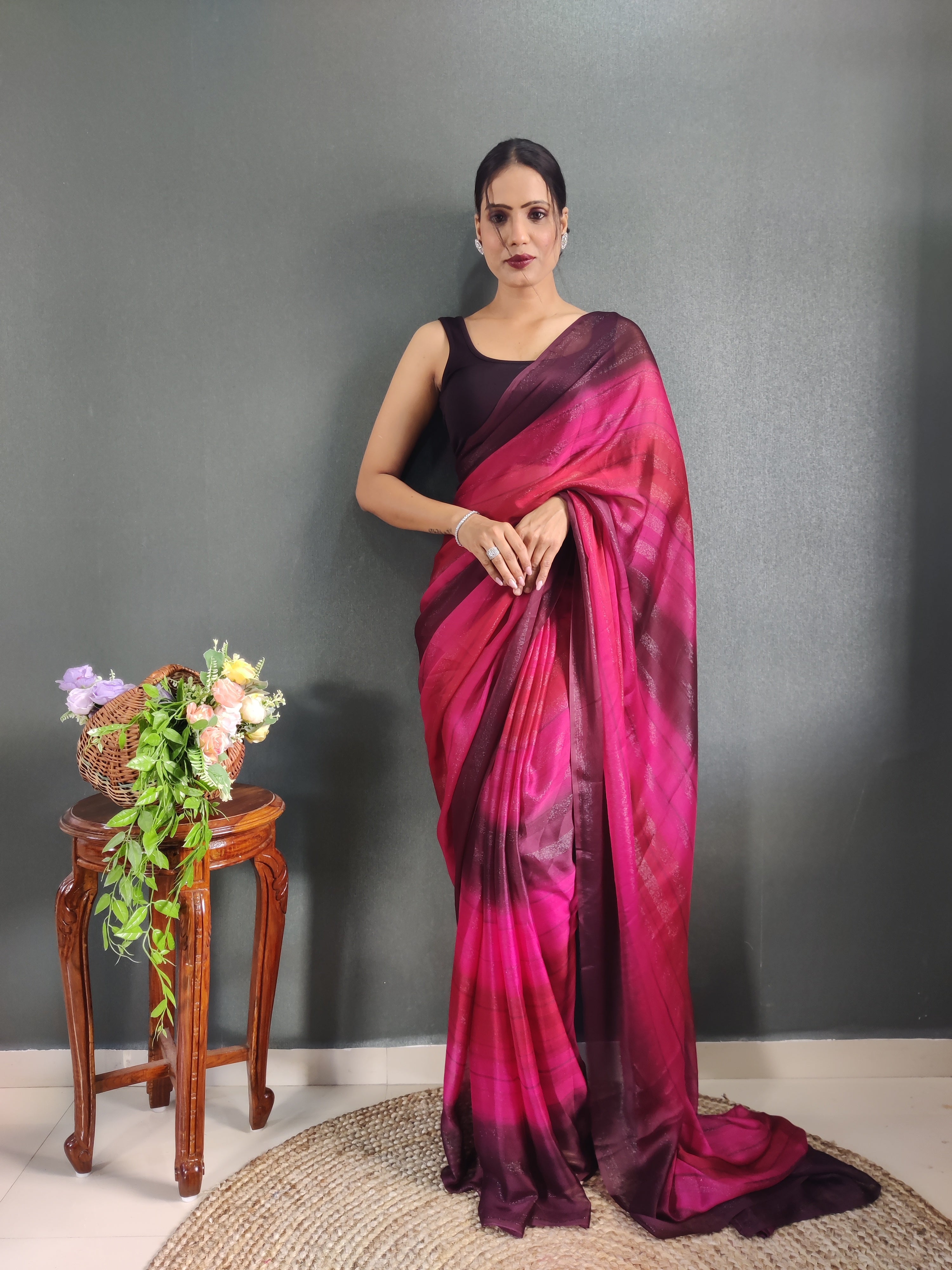 Sanghosha Beetroot Purple Premium Georgette 1-Min Ready To Wear Saree