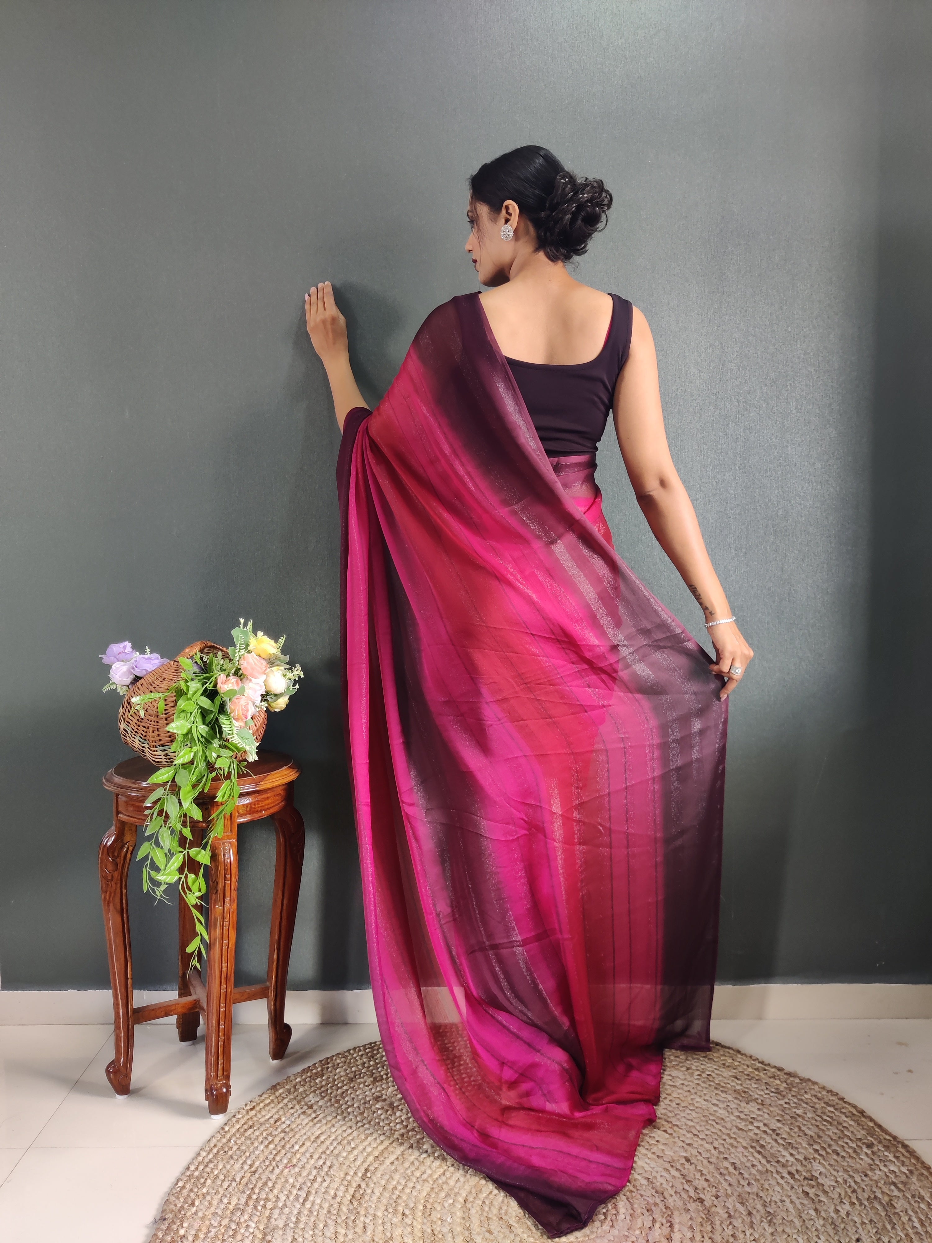 Sanghosha Beetroot Purple Premium Georgette 1-Min Ready To Wear Saree
