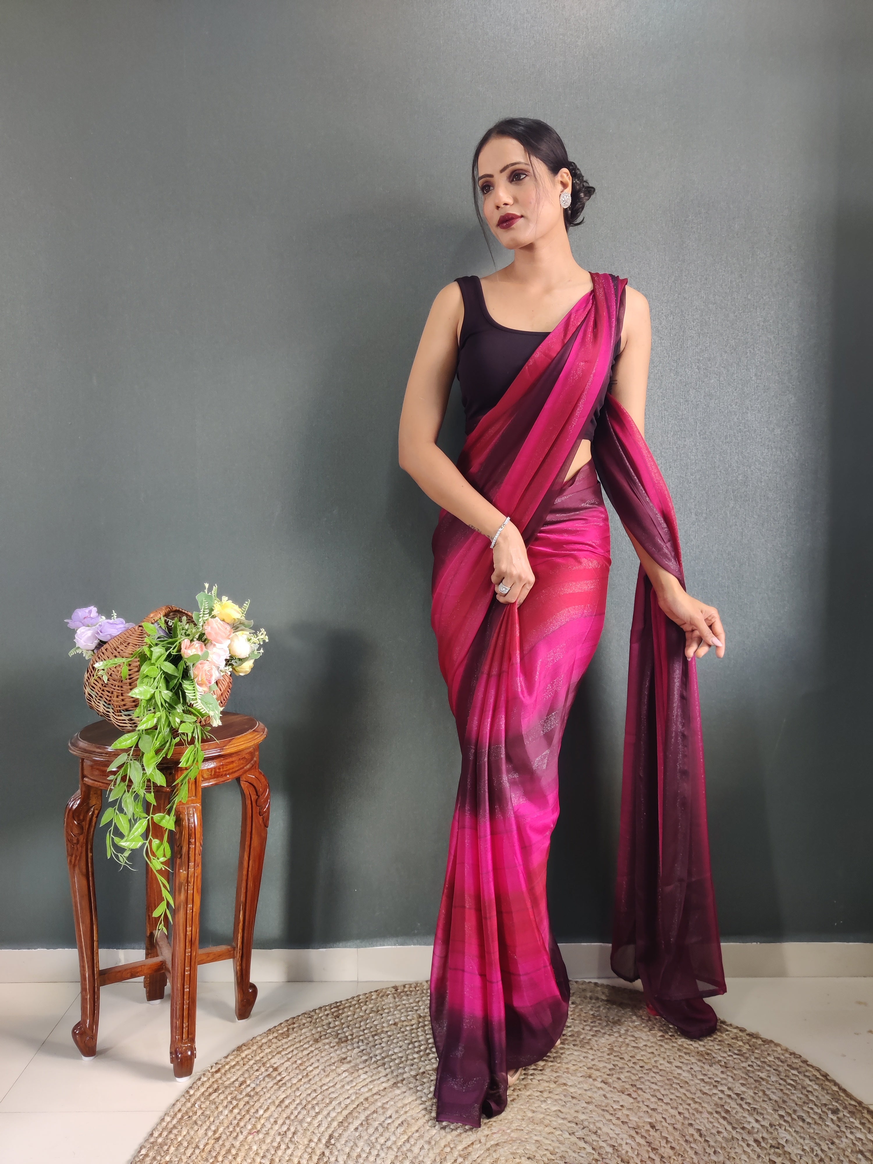 Sanghosha Beetroot Purple Premium Georgette 1-Min Ready To Wear Saree